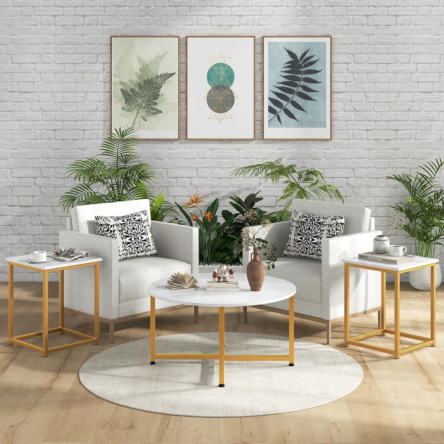 image:imageGiantex Round Nesting Table Set of 3 Farmhouse Coffee Table w2 End Tables Sturdy Metal Frame 3Piece Wooden Living Room Table Set for Home Office Apartment Black OakWhite Gold