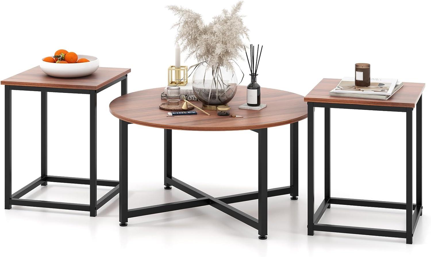 image:imageGiantex Round Nesting Table Set of 3 Farmhouse Coffee Table w2 End Tables Sturdy Metal Frame 3Piece Wooden Living Room Table Set for Home Office Apartment Black OakWalnut Black