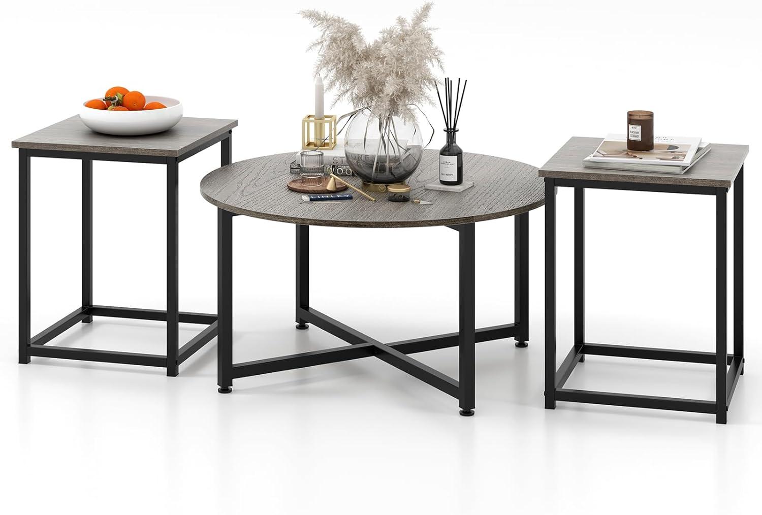 image:imageGiantex Round Nesting Table Set of 3 Farmhouse Coffee Table w2 End Tables Sturdy Metal Frame 3Piece Wooden Living Room Table Set for Home Office Apartment Black OakBlack Oak