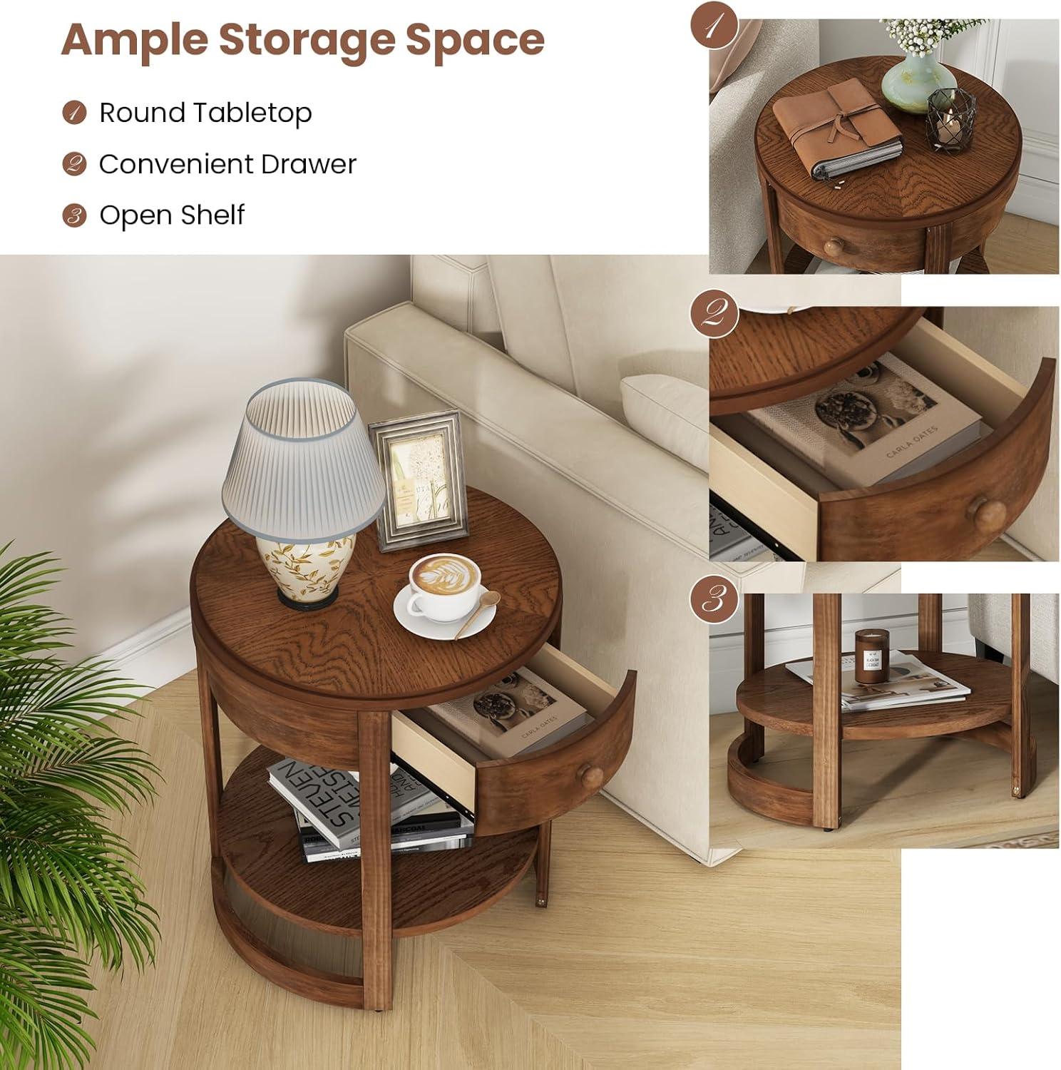 image:imageGiantex Round Side Tables Set of 2 2Tier Retro End Tables with Drawer amp Shelf Wooden Accent Tables with Antique Wood Grain Finish Vintage Nightstands for Living Room Bedroom Walnut2