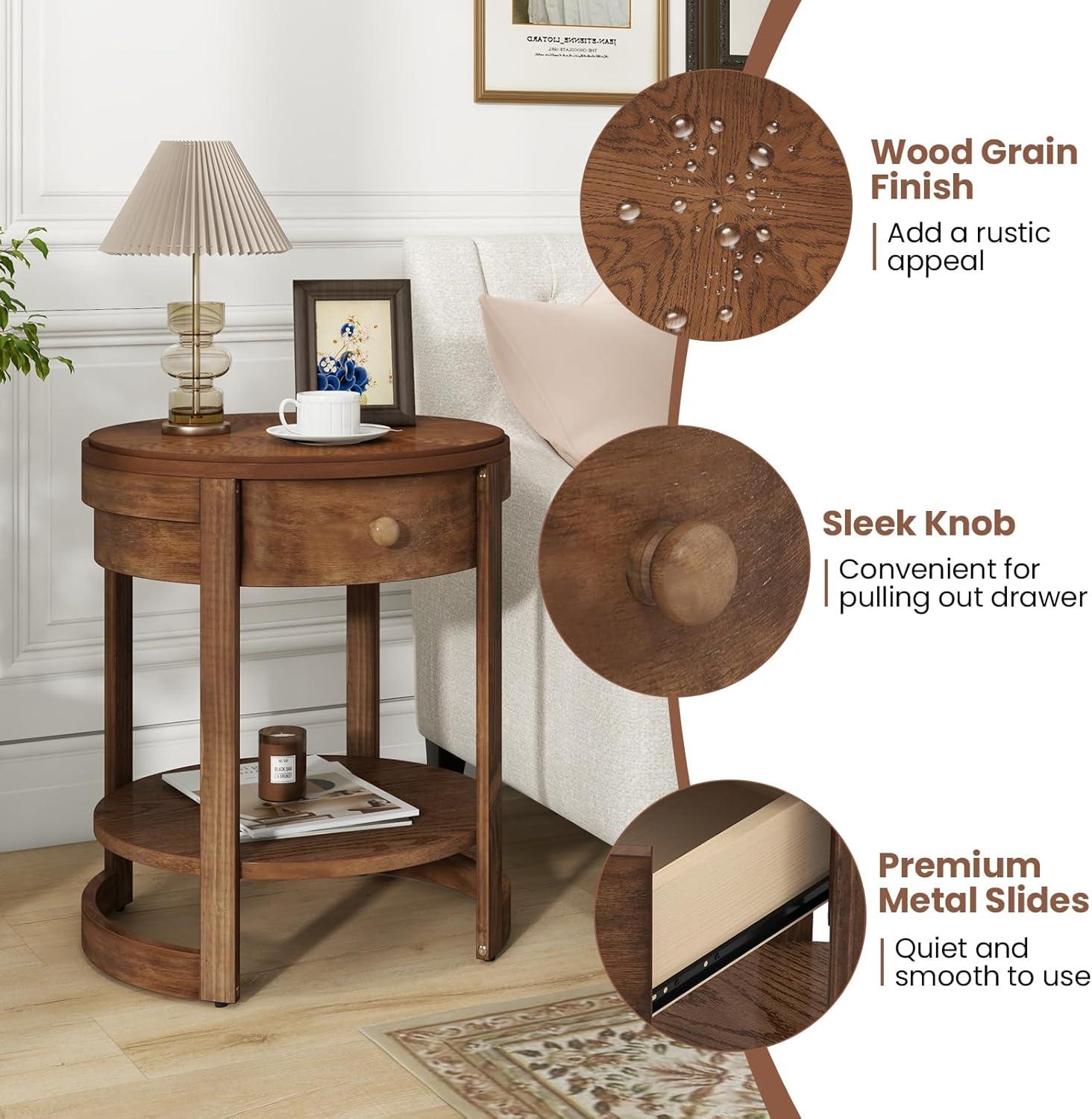 image:imageGiantex Round Side Tables Set of 2 2Tier Retro End Tables with Drawer amp Shelf Wooden Accent Tables with Antique Wood Grain Finish Vintage Nightstands for Living Room Bedroom Walnut2
