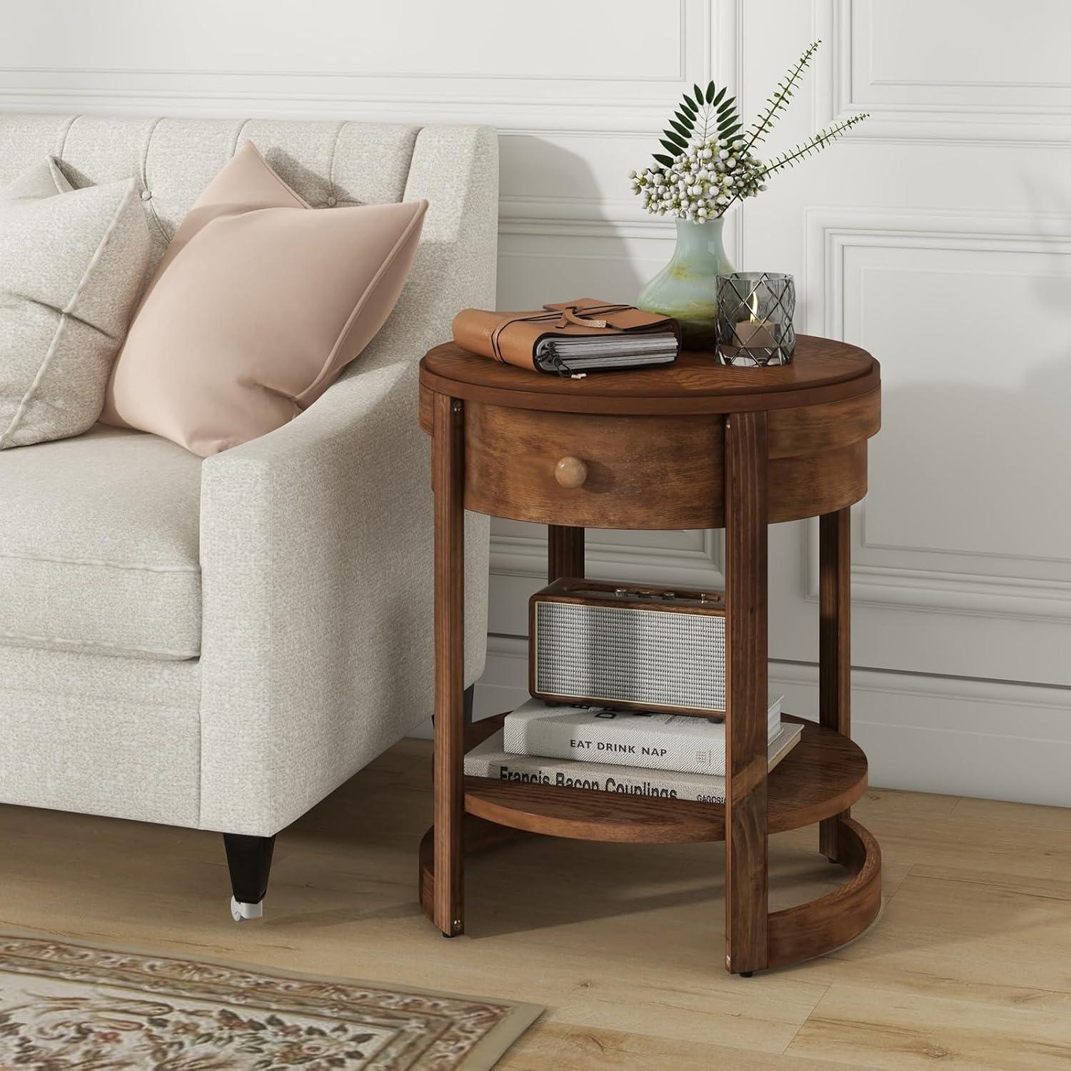 image:imageGiantex Round Side Tables Set of 2 2Tier Retro End Tables with Drawer amp Shelf Wooden Accent Tables with Antique Wood Grain Finish Vintage Nightstands for Living Room Bedroom Walnut1