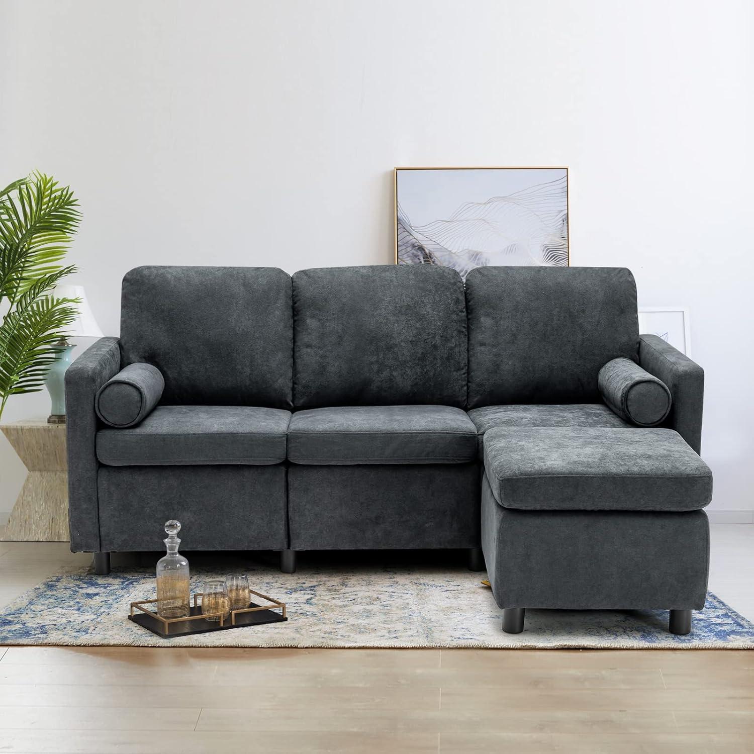 image:imageGiantex Sectional Sofa Set Convertible LShaped Couch with Ottoman 2 Bolsters Comfy Fabric Modular Sleeper Bed for Living Room Reception Room Home Office Apartment 73x 315x 34 Grey
