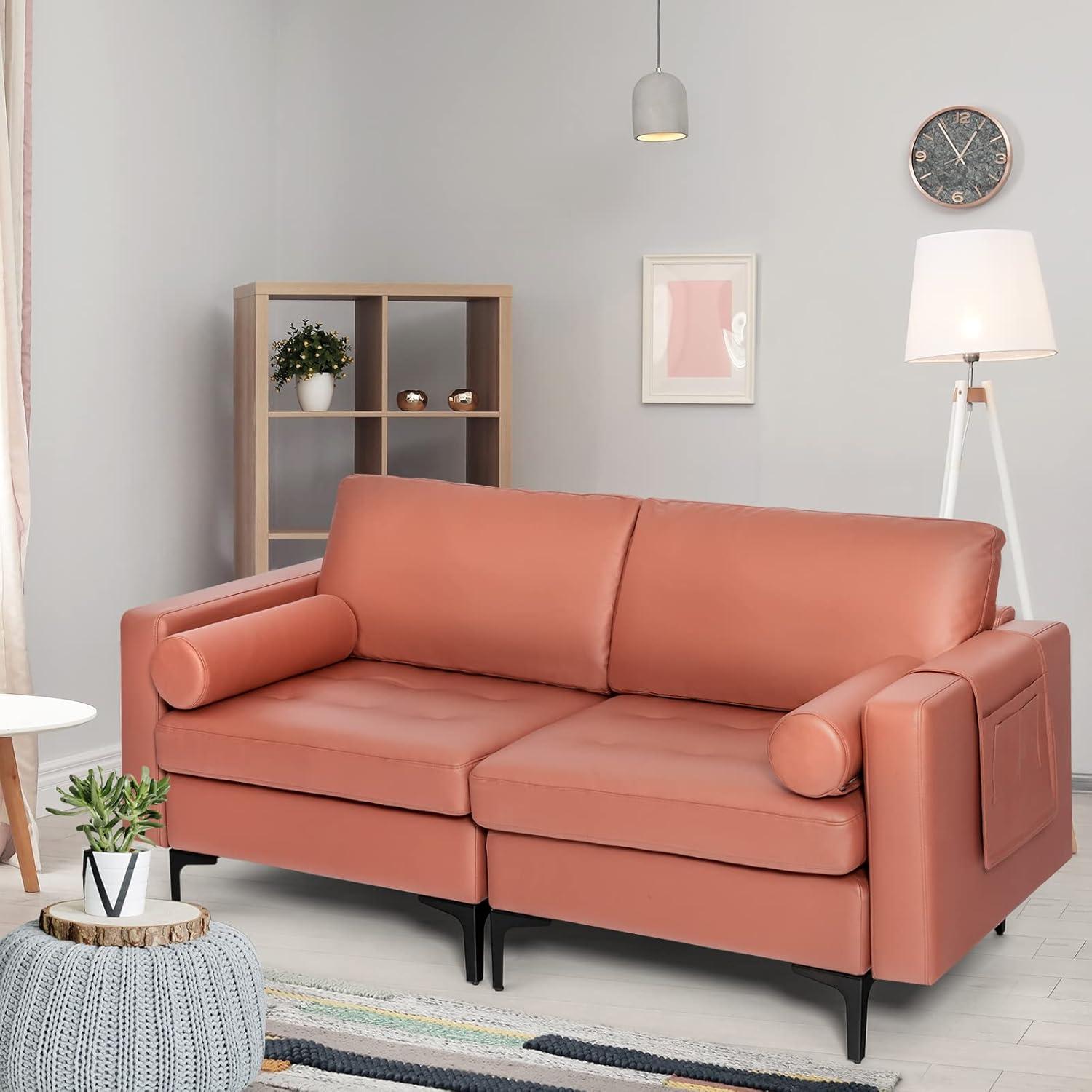 image:imageGiantex Set of 2 Single Sofa Accent Chairs wCushion Bolster Armrest Magazine Caddy Holder Pockets Armchair Living Room Upholstered Leisure Chair for Bedroom Reception Room Dark GreyRed