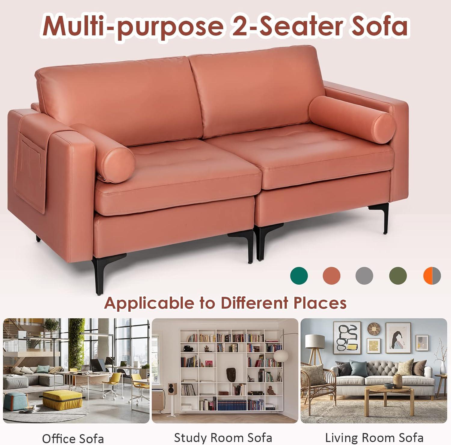 image:imageGiantex Set of 2 Single Sofa Accent Chairs wCushion Bolster Armrest Magazine Caddy Holder Pockets Armchair Living Room Upholstered Leisure Chair for Bedroom Reception Room Dark GreyRed