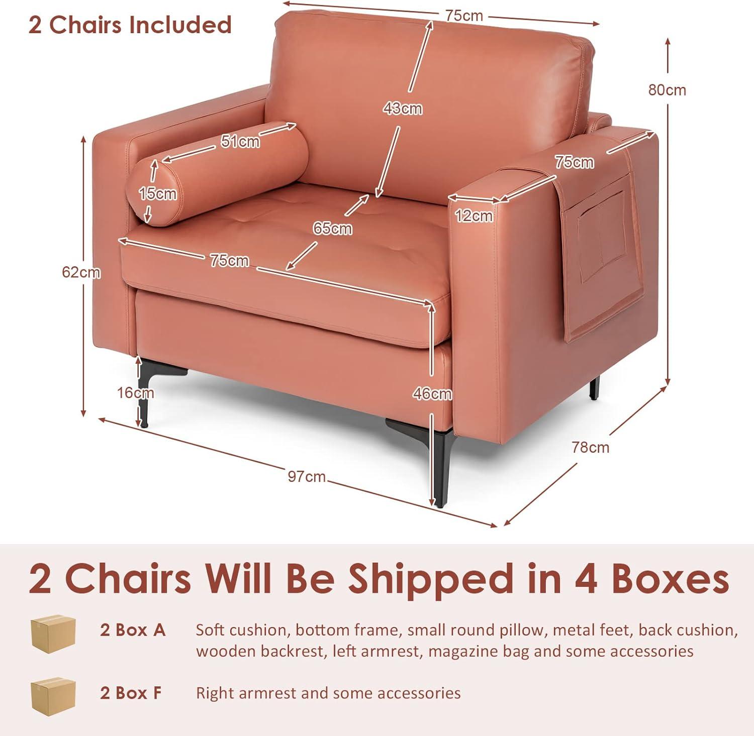 image:imageGiantex Set of 2 Single Sofa Accent Chairs wCushion Bolster Armrest Magazine Caddy Holder Pockets Armchair Living Room Upholstered Leisure Chair for Bedroom Reception Room Dark GreyRed
