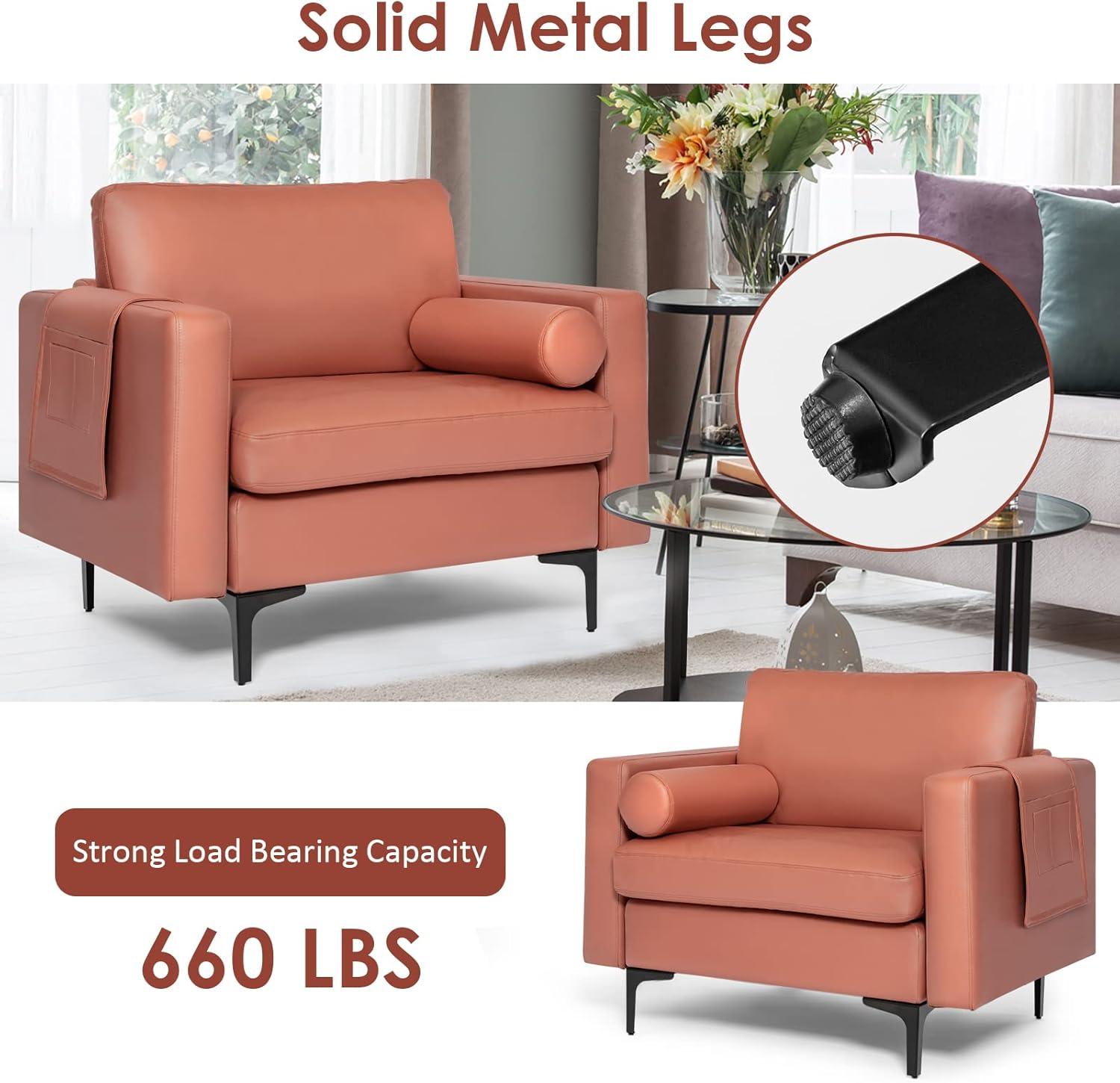 image:imageGiantex Set of 2 Single Sofa Accent Chairs wCushion Bolster Armrest Magazine Caddy Holder Pockets Armchair Living Room Upholstered Leisure Chair for Bedroom Reception Room Dark GreyRed