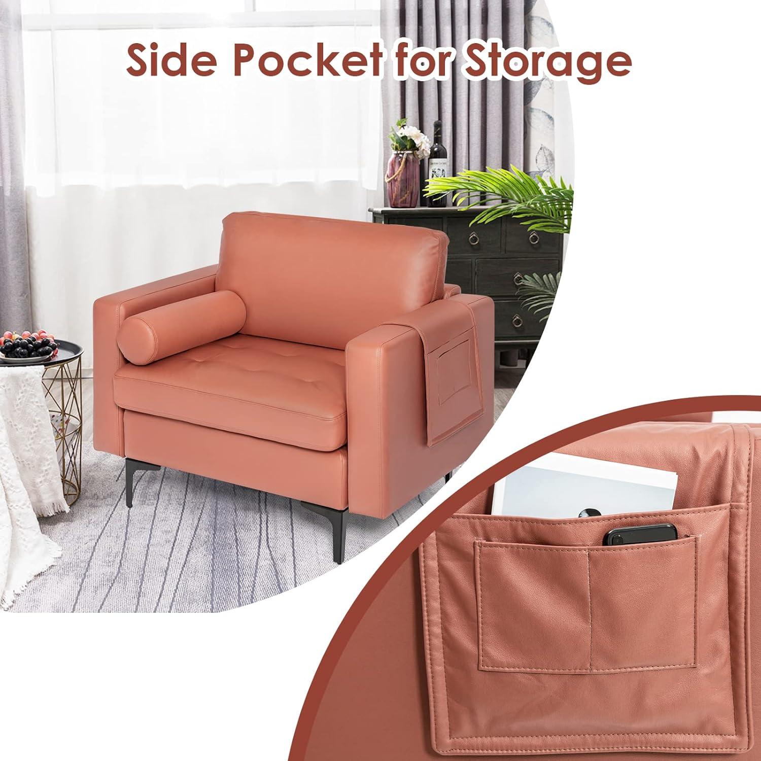 image:imageGiantex Set of 2 Single Sofa Accent Chairs wCushion Bolster Armrest Magazine Caddy Holder Pockets Armchair Living Room Upholstered Leisure Chair for Bedroom Reception Room Dark GreyRed