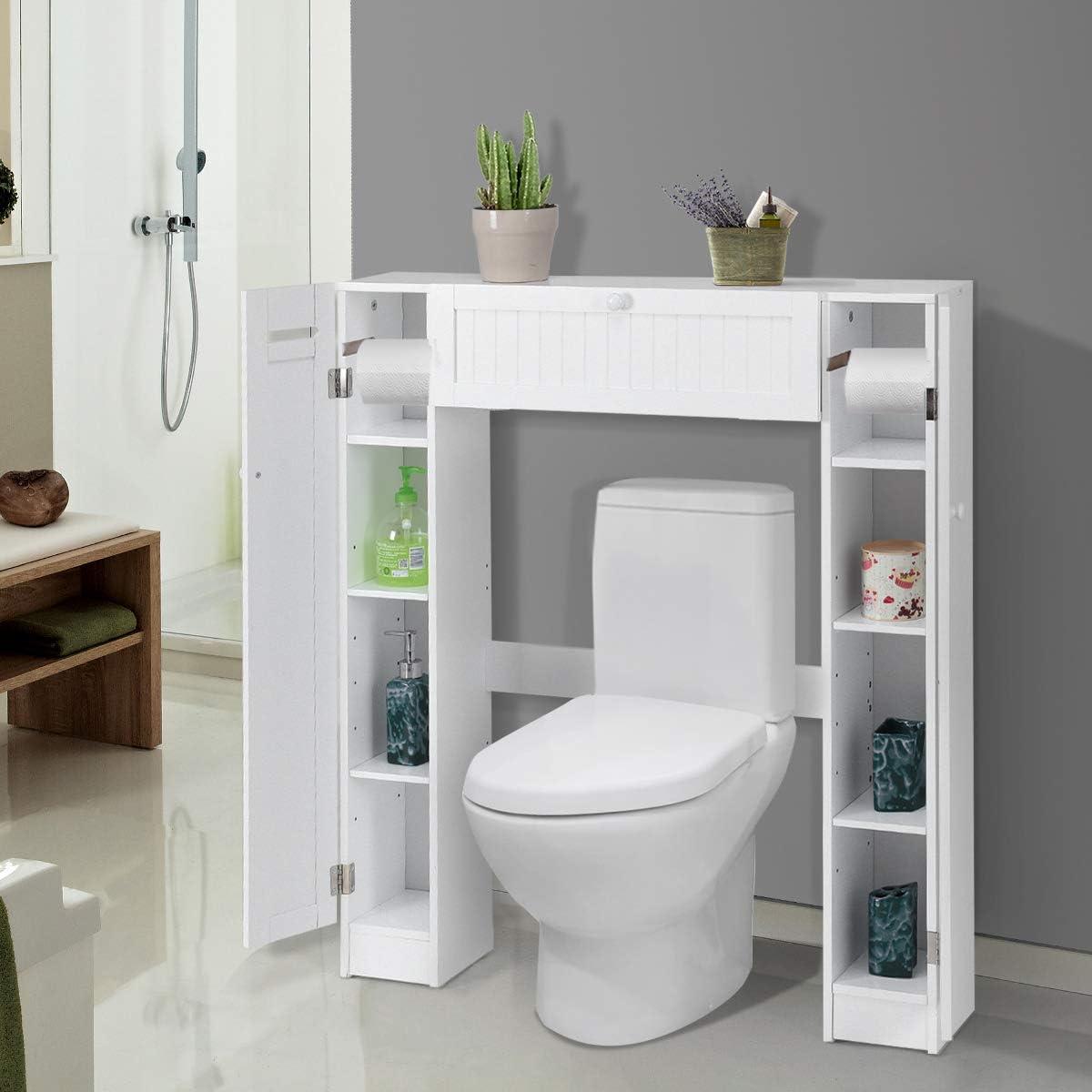 image:imageGiantex Short Over The Toilet Storage Cabinet Bathroom Organizer wPaper Holder Adjustable Shelves amp Bottom Bar Freestanding Space Saver Above Toilet Storage for Restroom Laundry Room35L x8W x39H