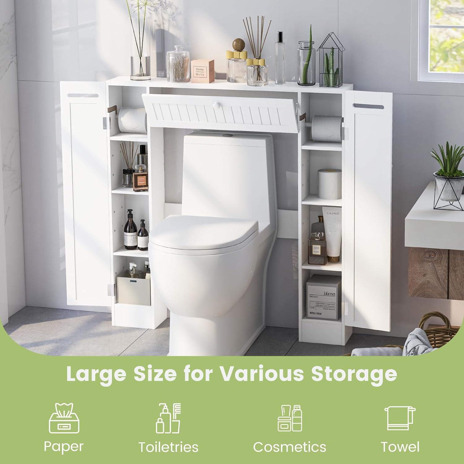 image:imageGiantex Short Over The Toilet Storage Cabinet Bathroom Organizer wPaper Holder Adjustable Shelves amp Bottom Bar Freestanding Space Saver Above Toilet Storage for Restroom Laundry Room35L x8W x39H