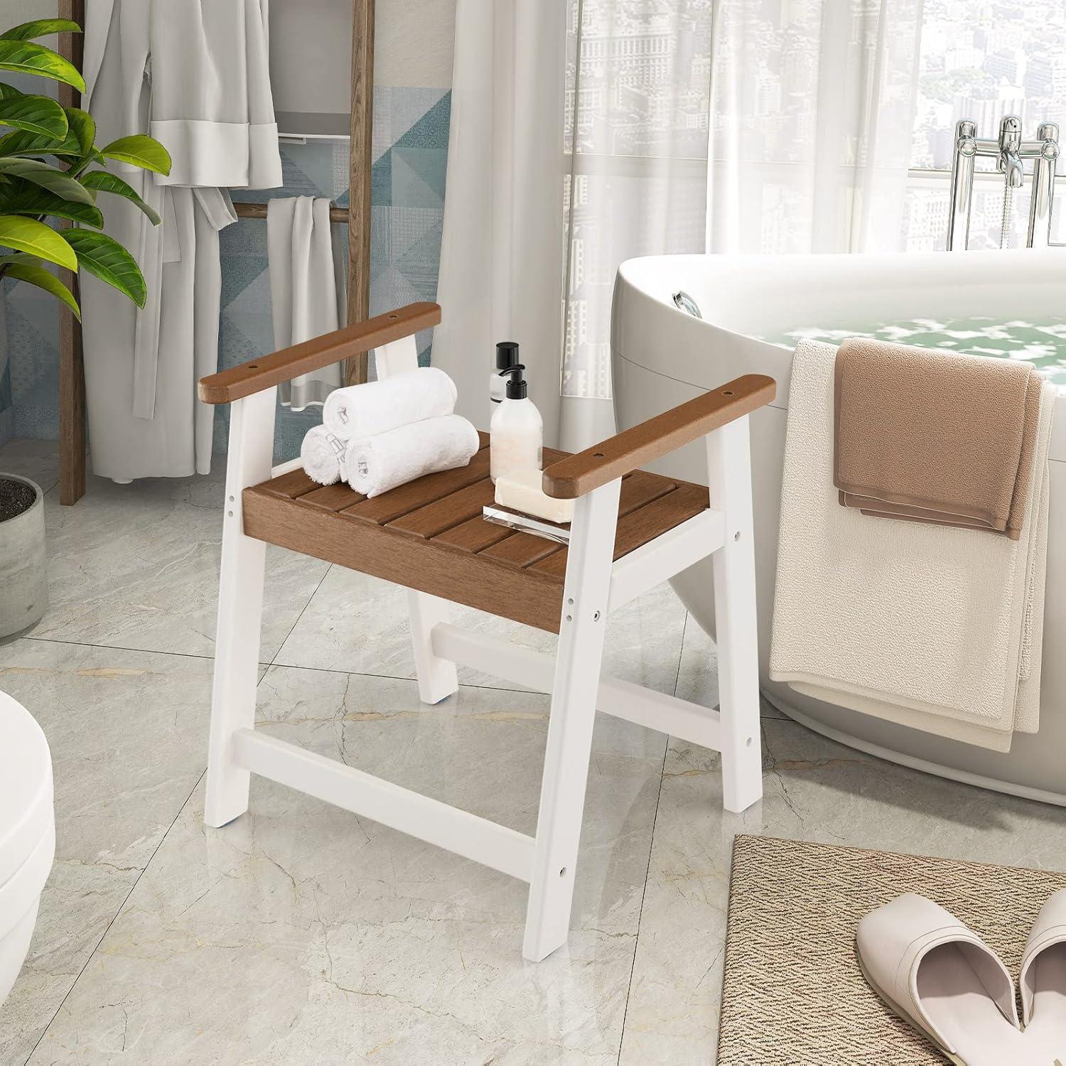 image:imageGiantex Shower Bench with Arms Waterproof HDPE Shower Stool for Bathroom Heavy Duty Sturdy Bath Seat for Seniors Elderly NonSlip Feet Spa Shower Chair for Inside Outdoor Brown amp White
