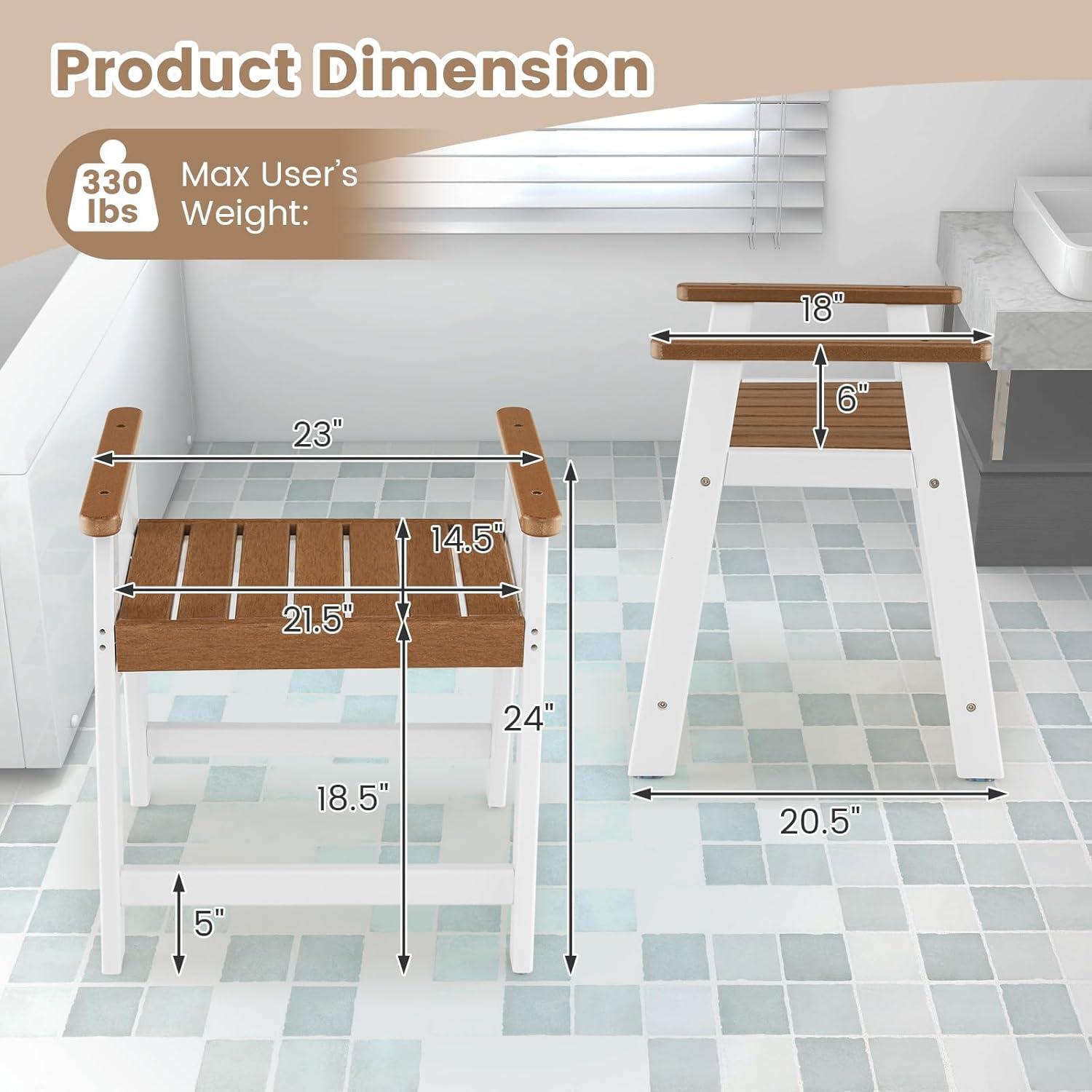 image:imageGiantex Shower Bench with Arms Waterproof HDPE Shower Stool for Bathroom Heavy Duty Sturdy Bath Seat for Seniors Elderly NonSlip Feet Spa Shower Chair for Inside Outdoor Brown amp White