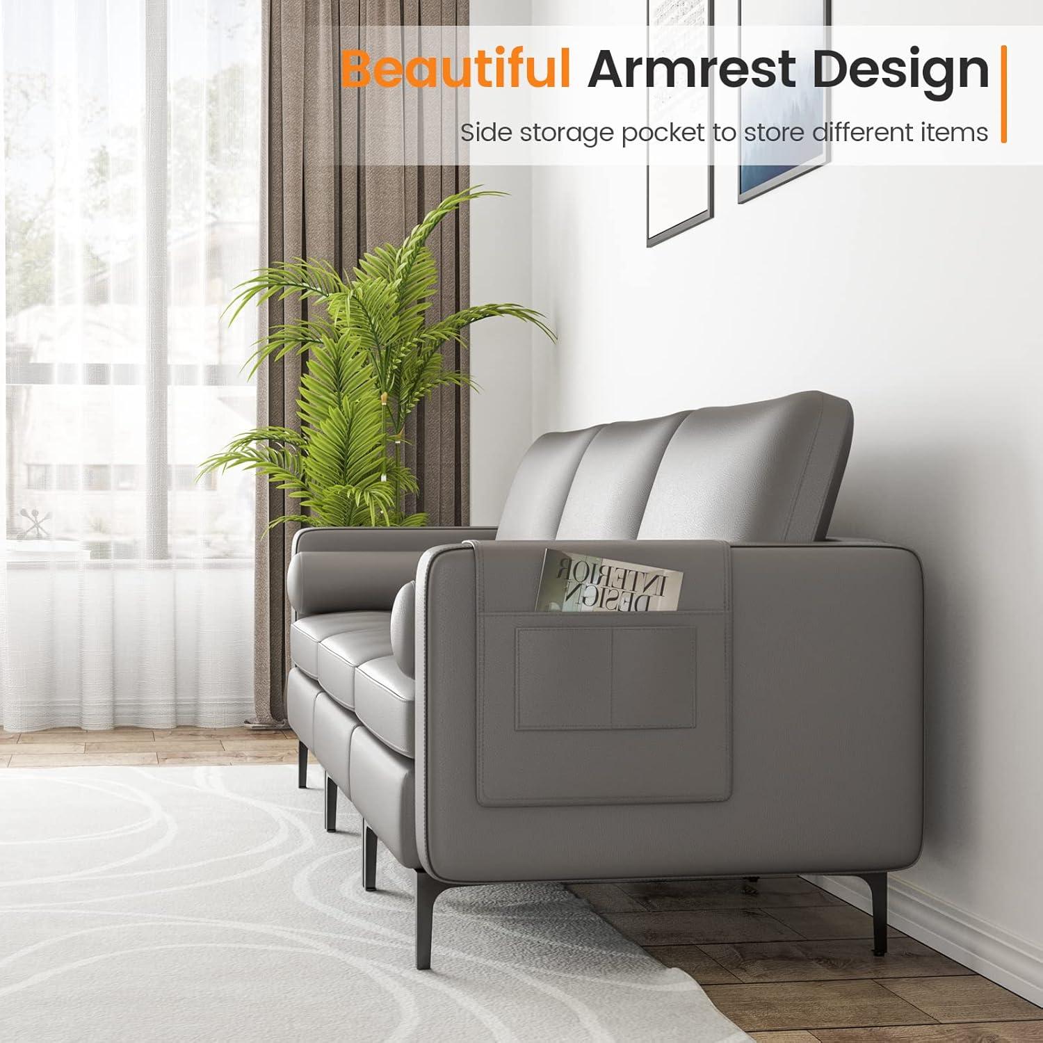 image:imageGiantex Single Sofa Accent Chair Armchair wComfy Cushion Bolster Armrest Magazine Caddy Pockets Living Room Upholstered Leisure Chair for Bedroom Reception Room Dark GreyDark Grey