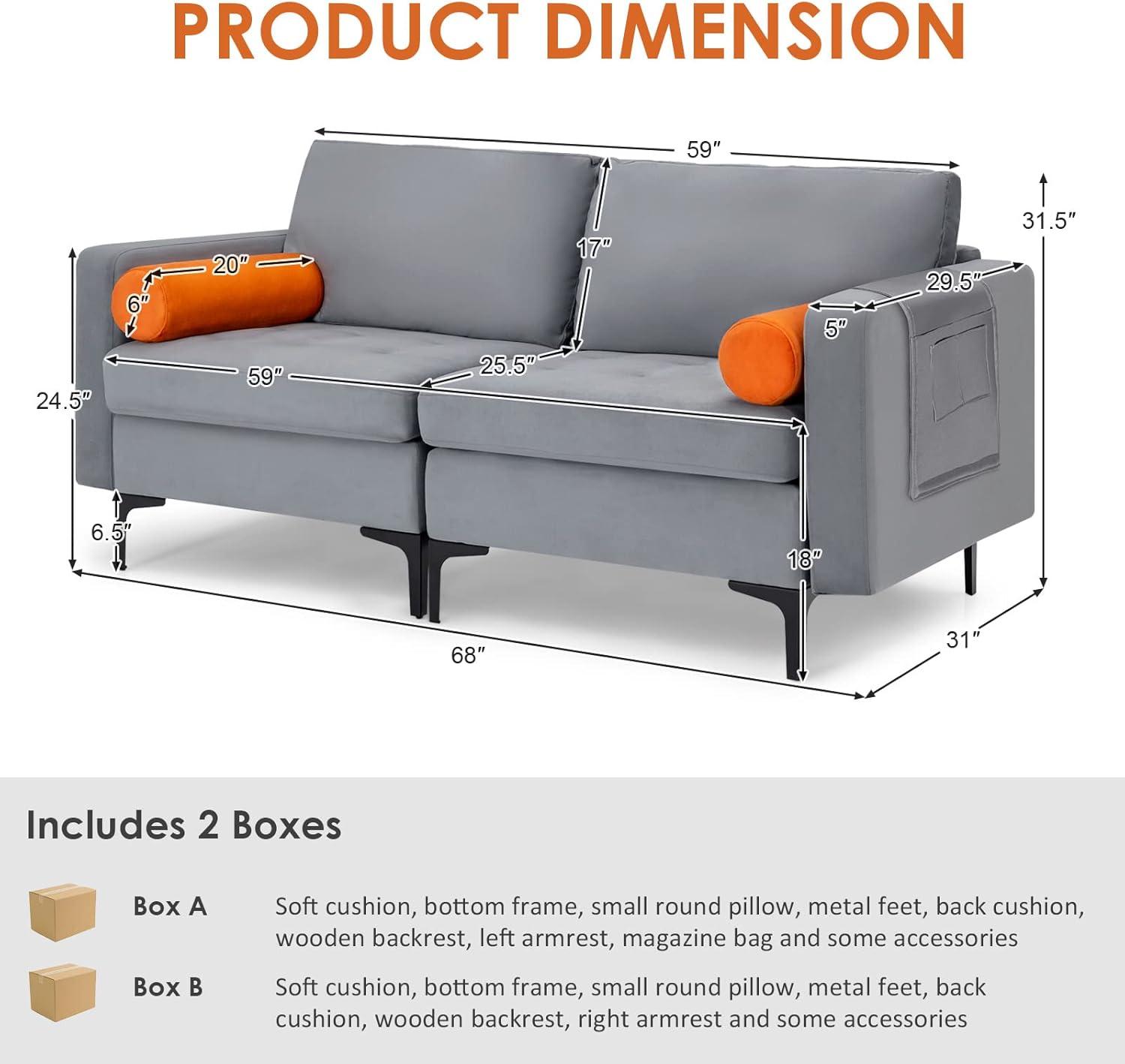 image:imageGiantex Single Sofa Accent Chair Armchair wComfy Cushion Bolster Armrest Magazine Caddy Pockets Living Room Upholstered Leisure Chair for Bedroom Reception Room Dark GreyGreyorange
