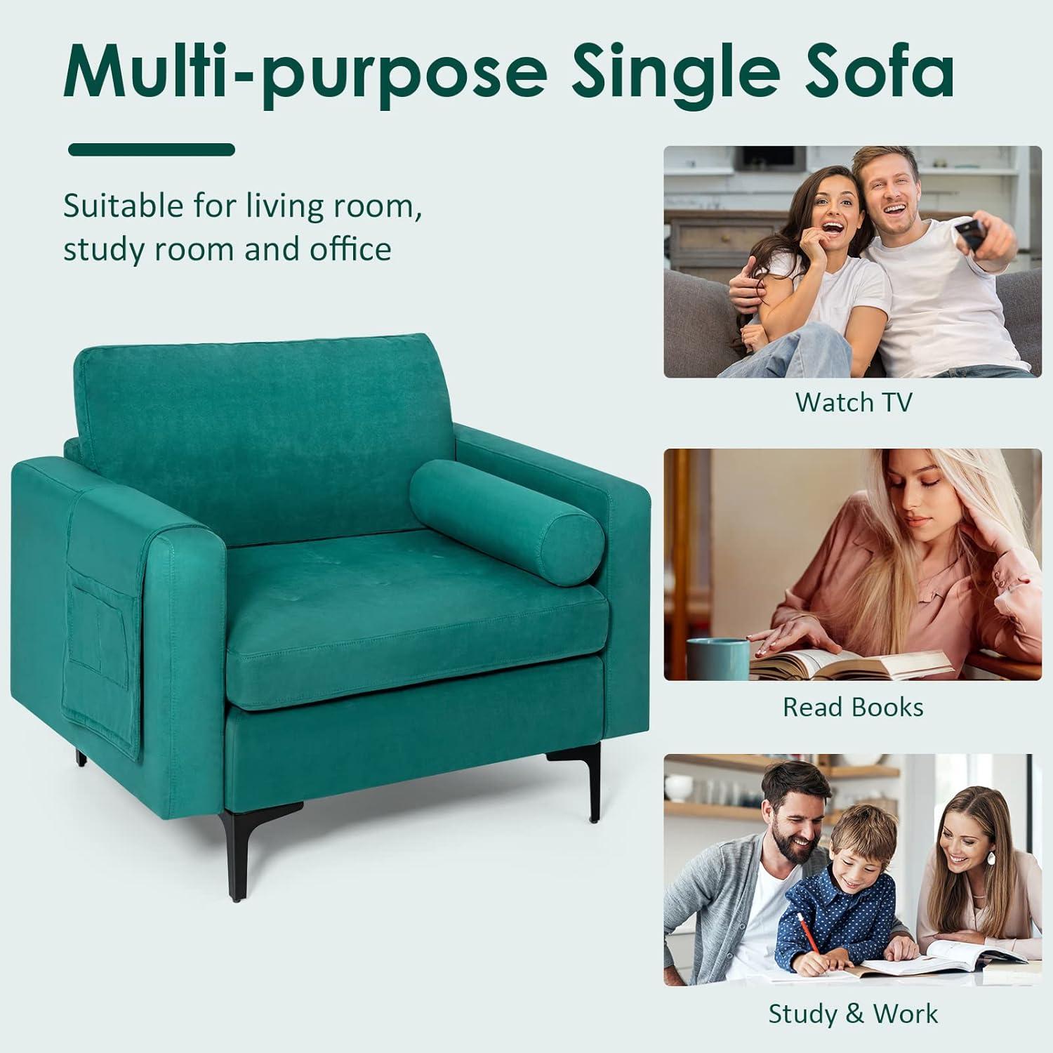 image:imageGiantex Single Sofa Accent Chair Armchair wComfy Cushion Bolster Armrest Magazine Caddy Pockets Living Room Upholstered Leisure Chair for Bedroom Reception Room Blue