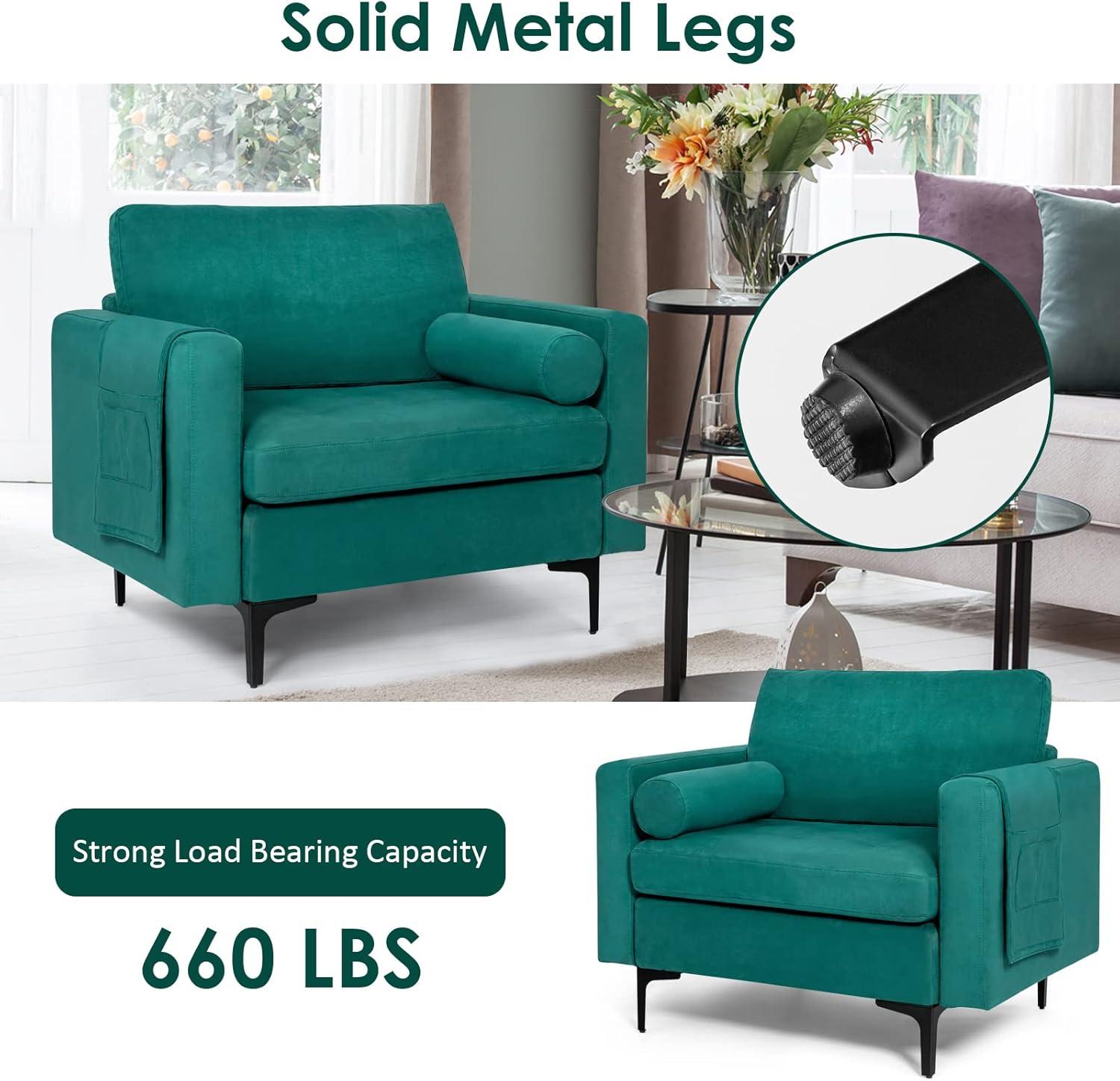 image:imageGiantex Single Sofa Accent Chair Armchair wComfy Cushion Bolster Armrest Magazine Caddy Pockets Living Room Upholstered Leisure Chair for Bedroom Reception Room Blue