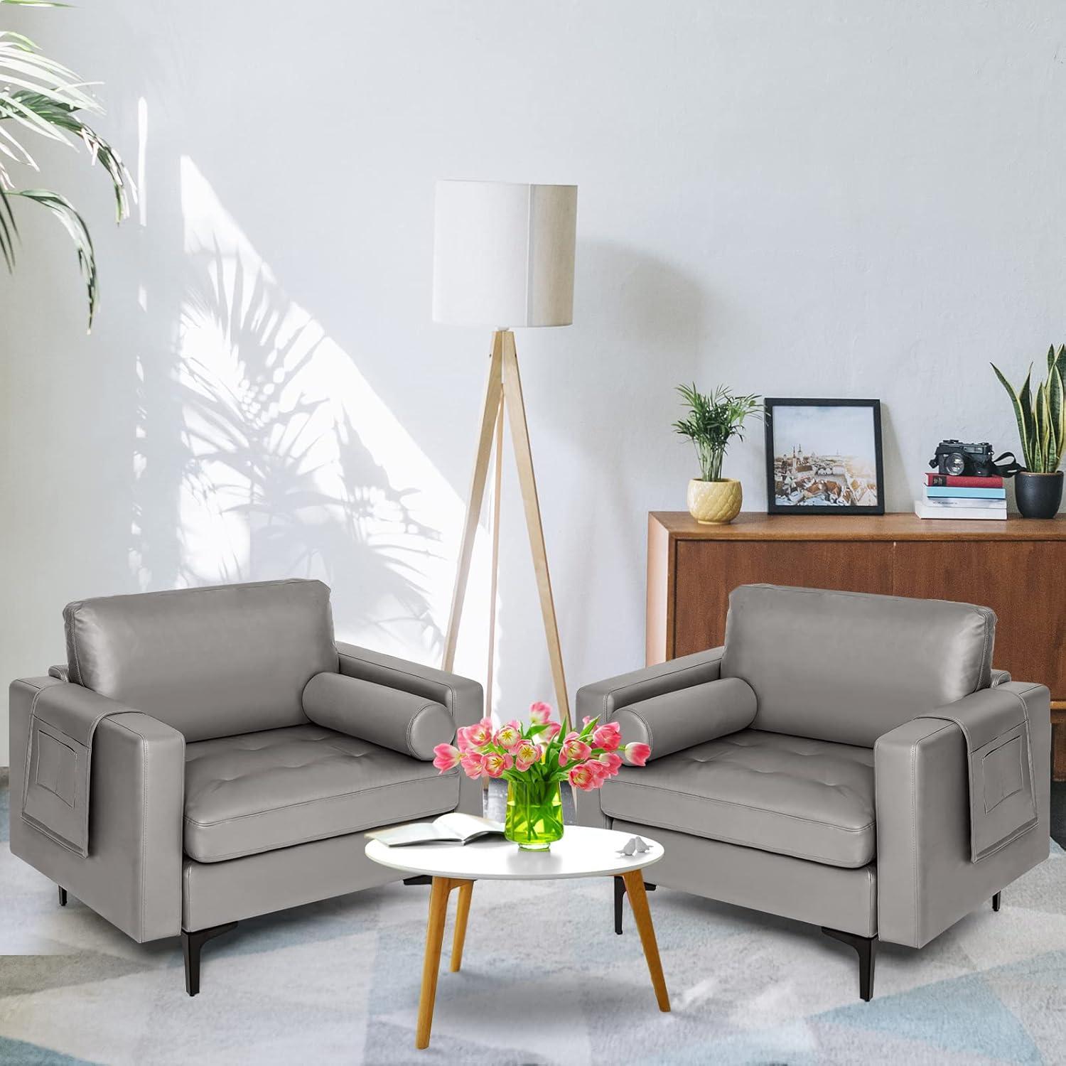 image:imageGiantex Single Sofa Accent Chair Armchair wComfy Cushion Bolster Armrest Magazine Caddy Pockets Living Room Upholstered Leisure Chair for Bedroom Reception Room Dark GreyDark Grey