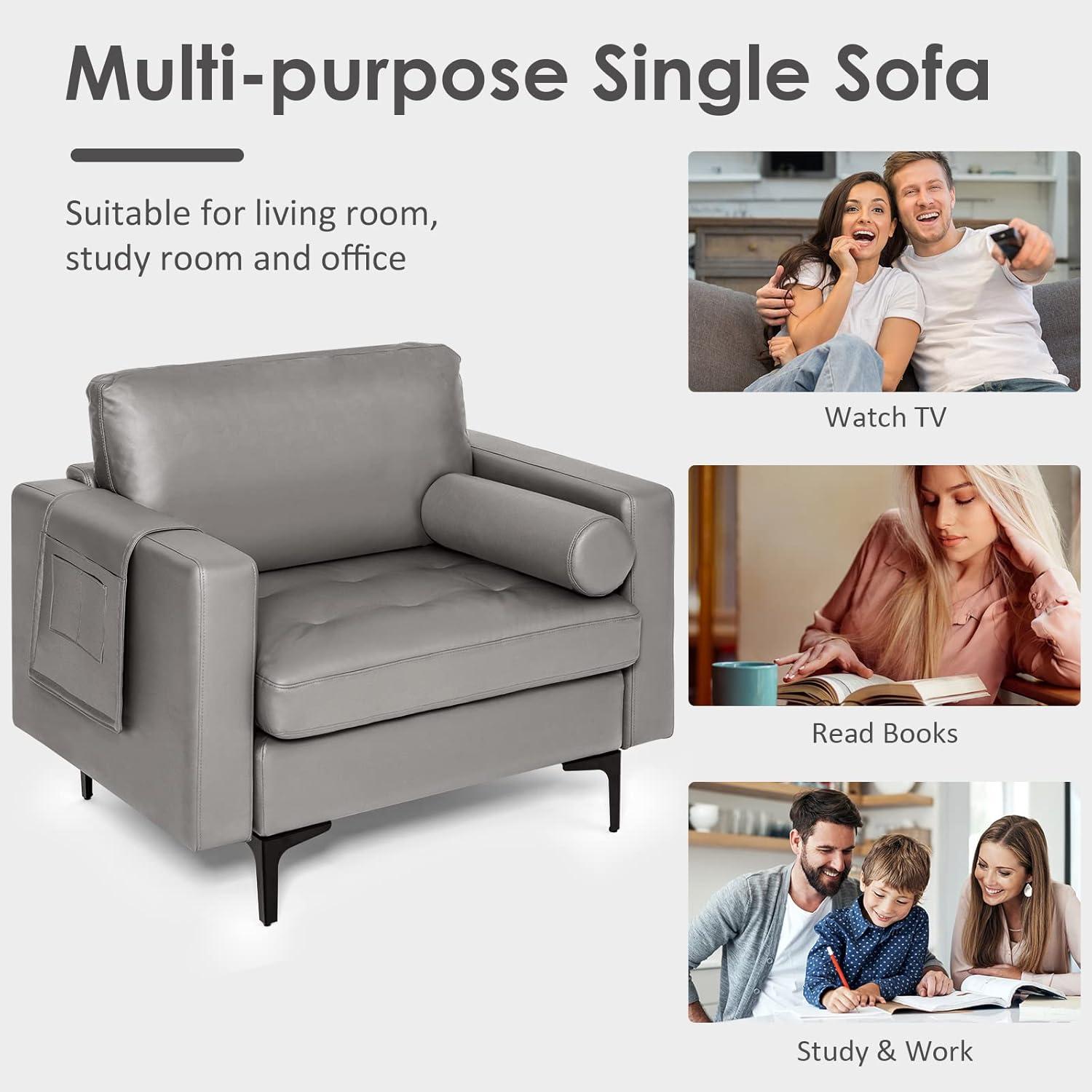 image:imageGiantex Single Sofa Accent Chair Armchair wComfy Cushion Bolster Armrest Magazine Caddy Pockets Living Room Upholstered Leisure Chair for Bedroom Reception Room Dark GreyDark Grey