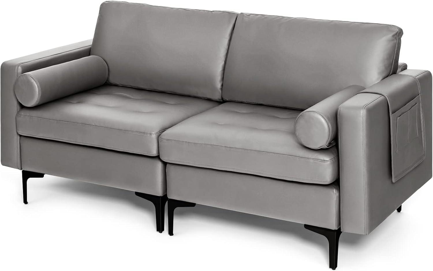 image:imageGiantex Single Sofa Accent Chair Armchair wComfy Cushion Bolster Armrest Magazine Caddy Pockets Living Room Upholstered Leisure Chair for Bedroom Reception Room Dark GreyDark Grey