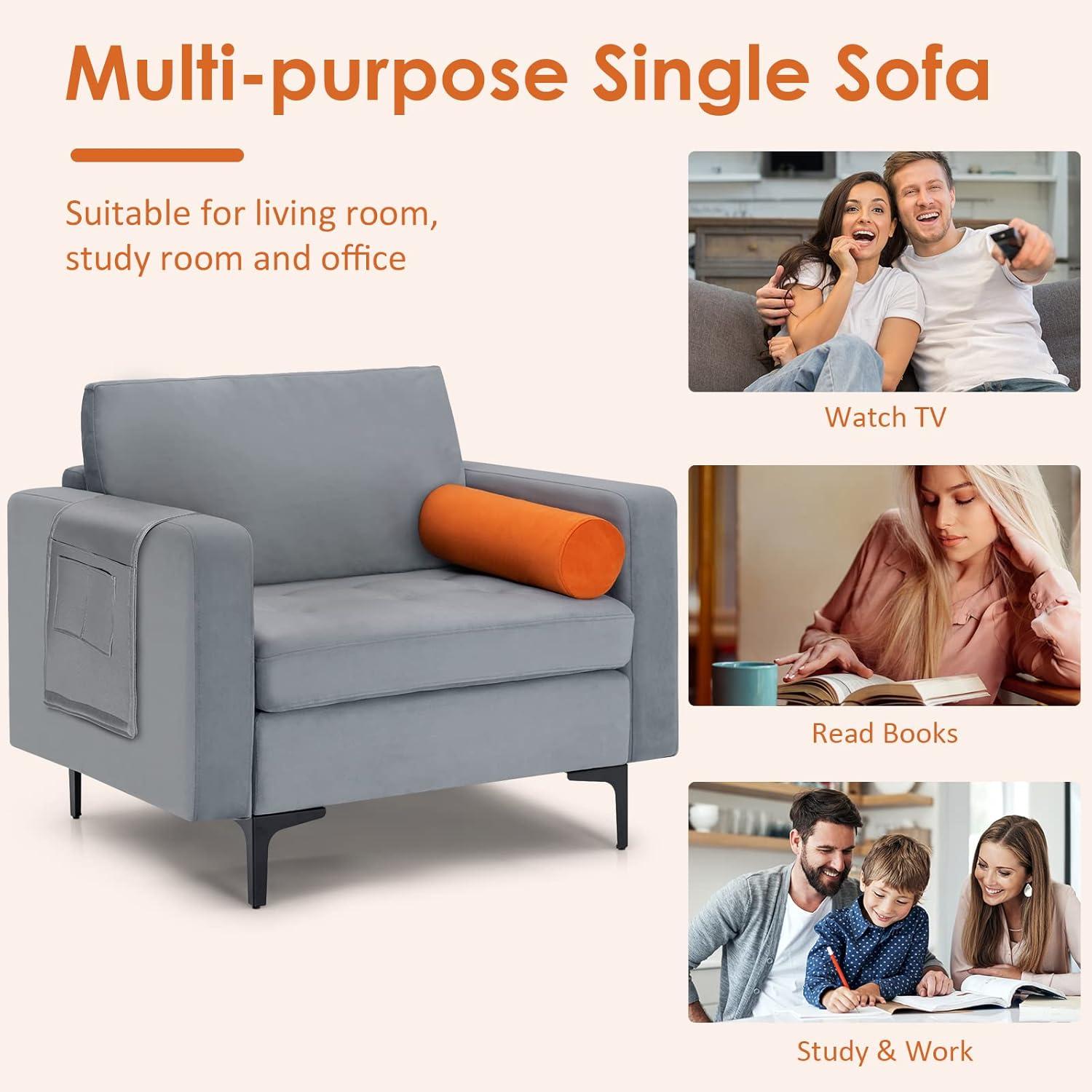 image:imageGiantex Single Sofa Accent Chair Armchair wComfy Cushion Bolster Armrest Magazine Caddy Pockets Living Room Upholstered Leisure Chair for Bedroom Reception Room Dark GreyGreyorange