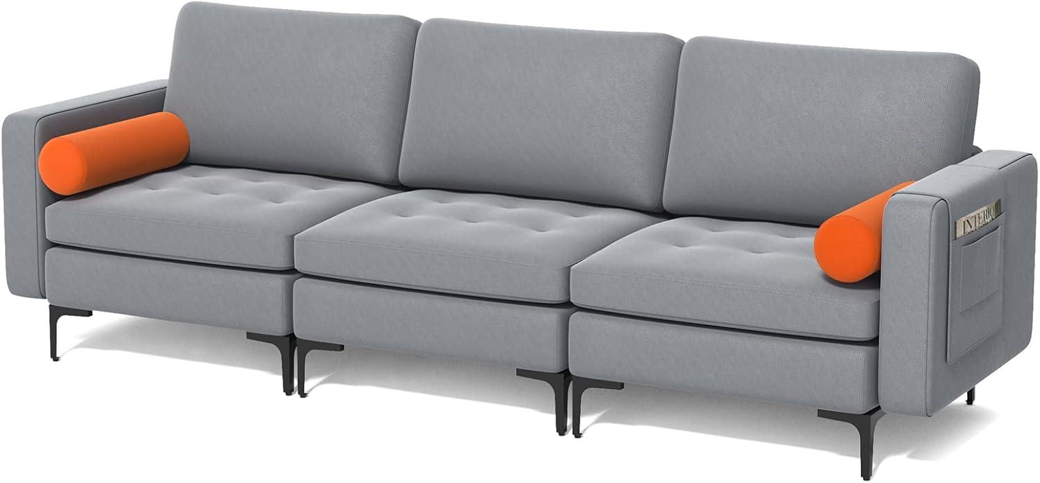 image:imageGiantex Single Sofa Accent Chair Armchair wComfy Cushion Bolster Armrest Magazine Caddy Pockets Living Room Upholstered Leisure Chair for Bedroom Reception Room Dark GreyGreyorange