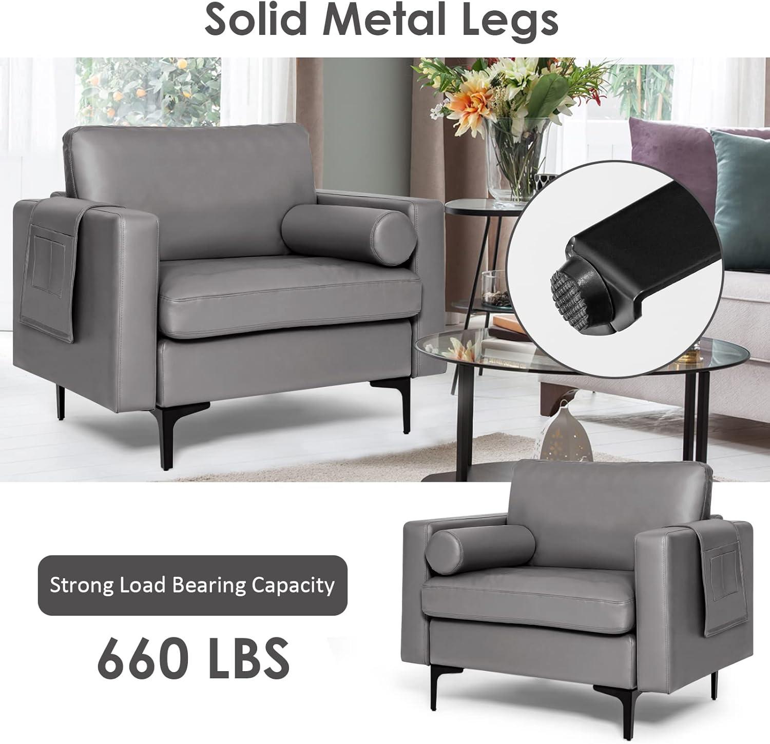 image:imageGiantex Single Sofa Accent Chair Armchair wComfy Cushion Bolster Armrest Magazine Caddy Pockets Living Room Upholstered Leisure Chair for Bedroom Reception Room Dark GreyDark Grey