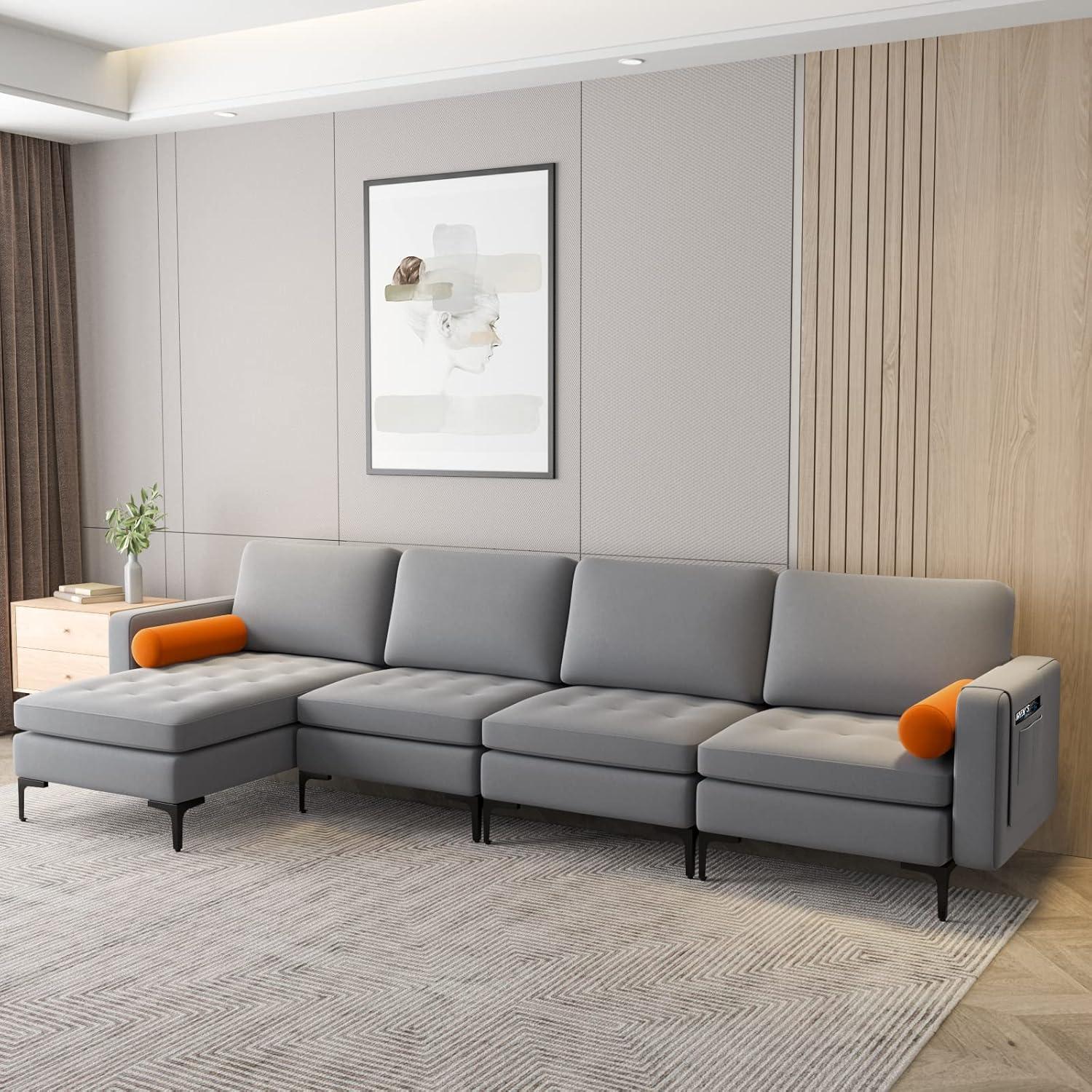 image:imageGiantex Single Sofa Accent Chair Armchair wComfy Cushion Bolster Armrest Magazine Caddy Pockets Living Room Upholstered Leisure Chair for Bedroom Reception Room Dark GreyGreyorange