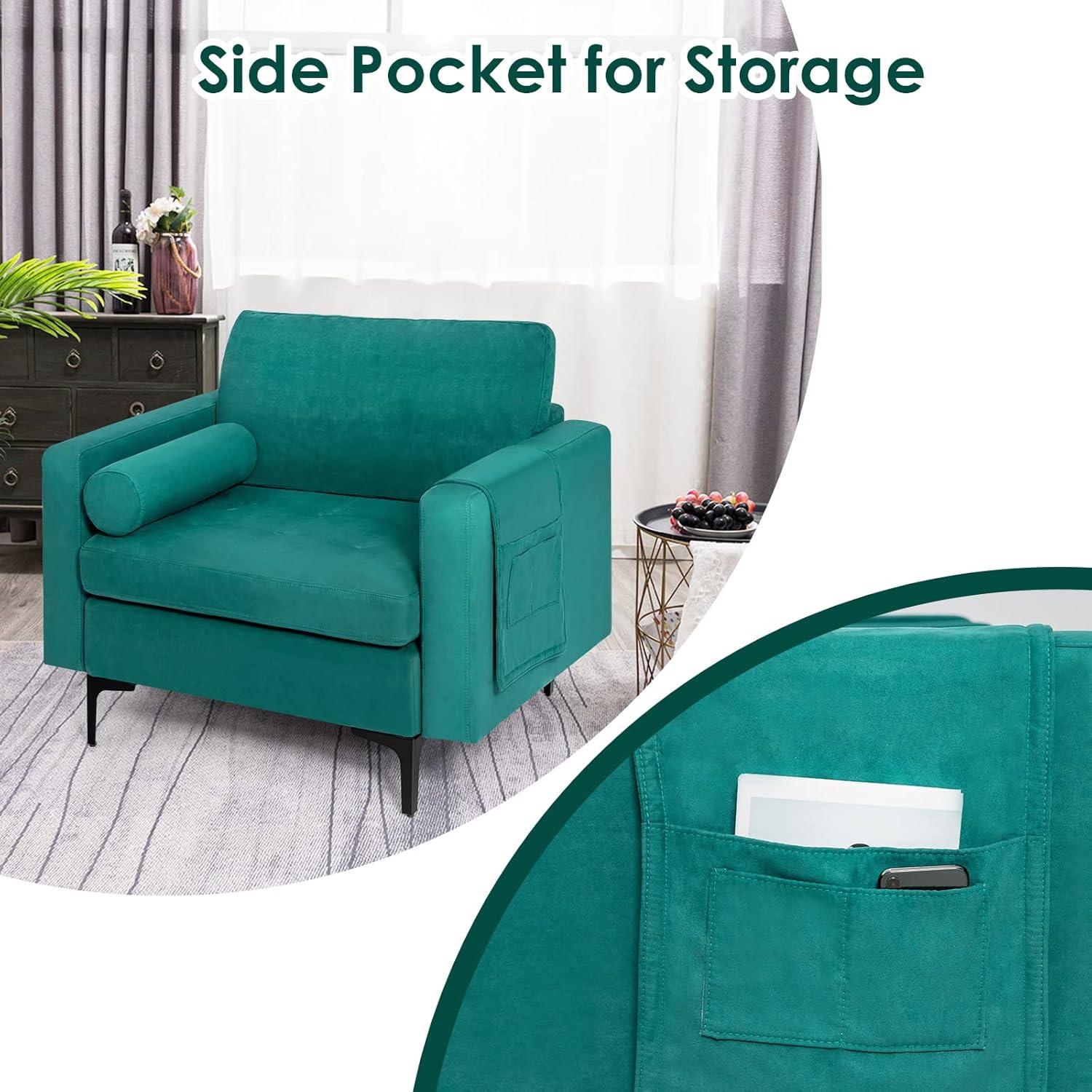 image:imageGiantex Single Sofa Accent Chair Armchair wComfy Cushion Bolster Armrest Magazine Caddy Pockets Living Room Upholstered Leisure Chair for Bedroom Reception Room Blue