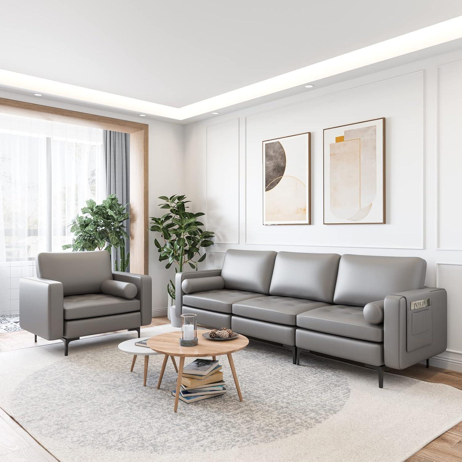 image:imageGiantex Single Sofa Accent Chair Armchair wComfy Cushion Bolster Armrest Magazine Caddy Pockets Living Room Upholstered Leisure Chair for Bedroom Reception Room Dark GreyDark Grey