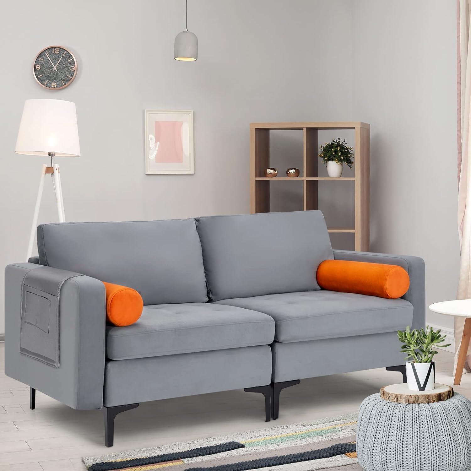 image:imageGiantex Single Sofa Accent Chair Armchair wComfy Cushion Bolster Armrest Magazine Caddy Pockets Living Room Upholstered Leisure Chair for Bedroom Reception Room Dark GreyGreyorange