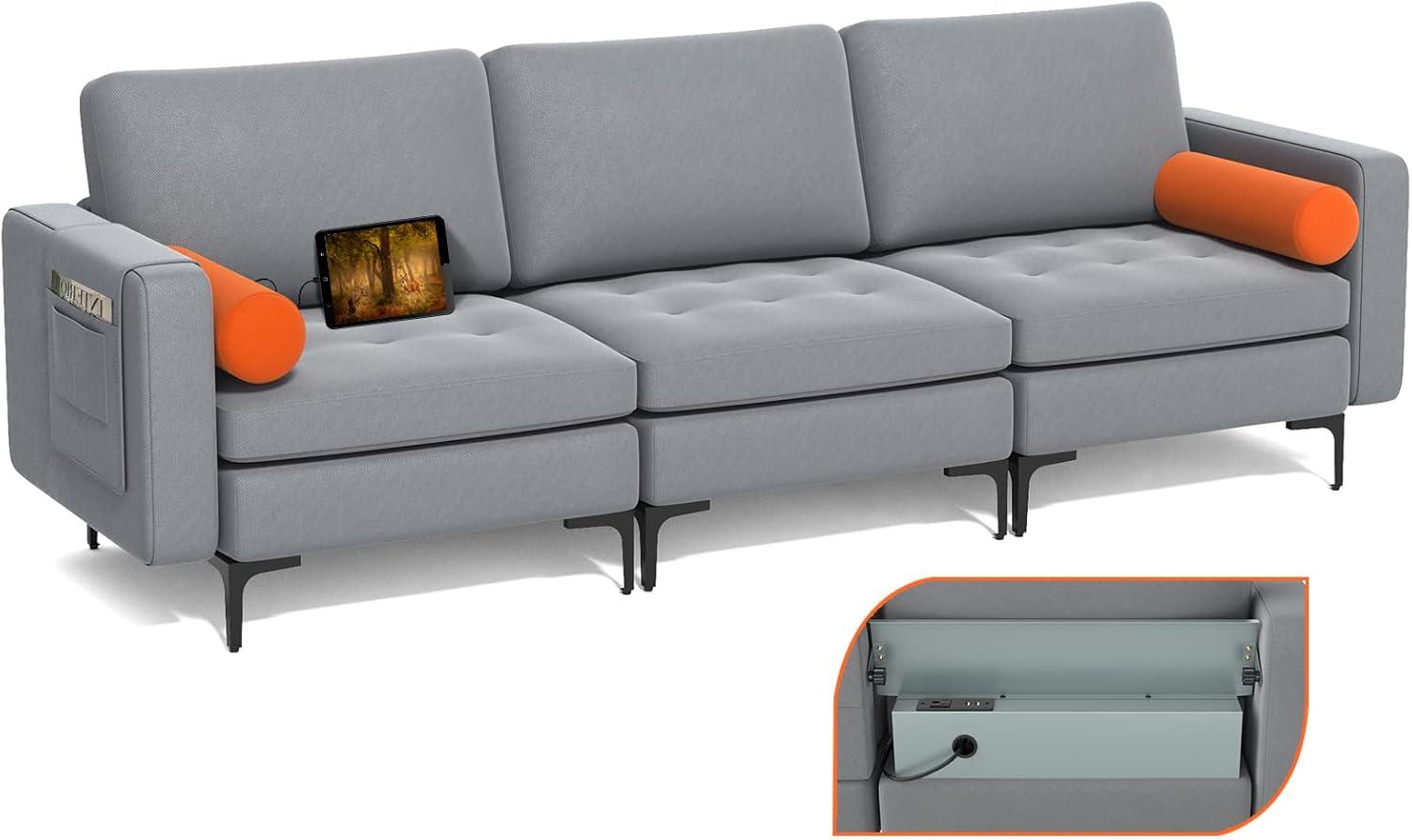 image:imageGiantex Single Sofa Accent Chair Armchair wComfy Cushion Bolster Armrest Magazine Caddy Pockets Living Room Upholstered Leisure Chair for Bedroom Reception Room Dark GreyGreyorange