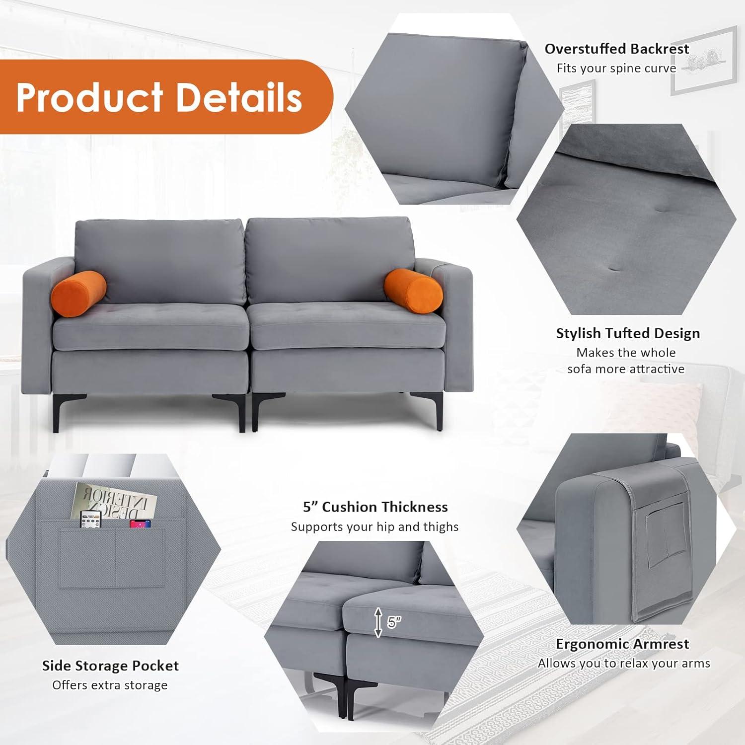 image:imageGiantex Single Sofa Accent Chair Armchair wComfy Cushion Bolster Armrest Magazine Caddy Pockets Living Room Upholstered Leisure Chair for Bedroom Reception Room Dark GreyGreyorange