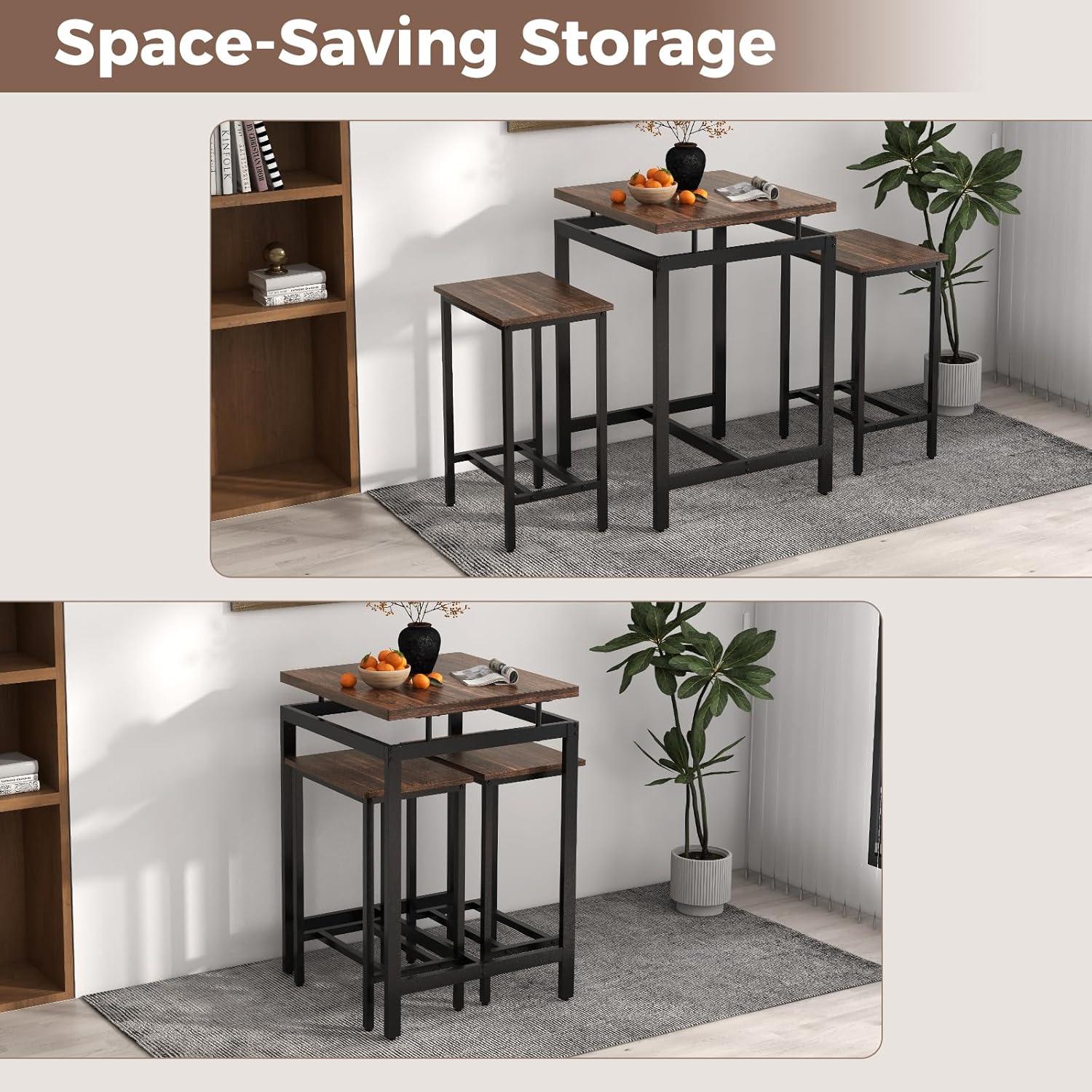image:imageGiantex Small Dining Table Set for 2 Counter Height Table Set with 2 Stools Floating Tabletop Footrest Metal Frame Breakfast Nook Table Set for Apartment Kitchen Table Chairs Set of 2 Brown