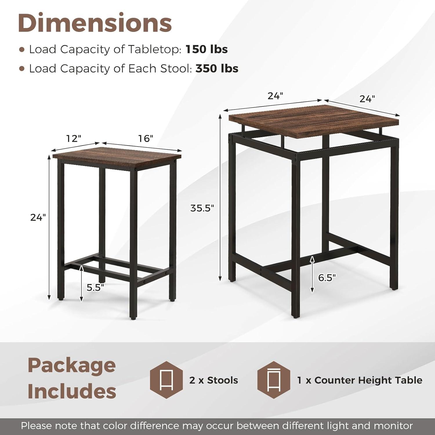 image:imageGiantex Small Dining Table Set for 2 Counter Height Table Set with 2 Stools Floating Tabletop Footrest Metal Frame Breakfast Nook Table Set for Apartment Kitchen Table Chairs Set of 2 Brown