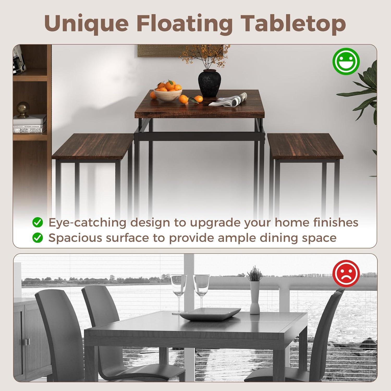 image:imageGiantex Small Dining Table Set for 2 Counter Height Table Set with 2 Stools Floating Tabletop Footrest Metal Frame Breakfast Nook Table Set for Apartment Kitchen Table Chairs Set of 2 Brown