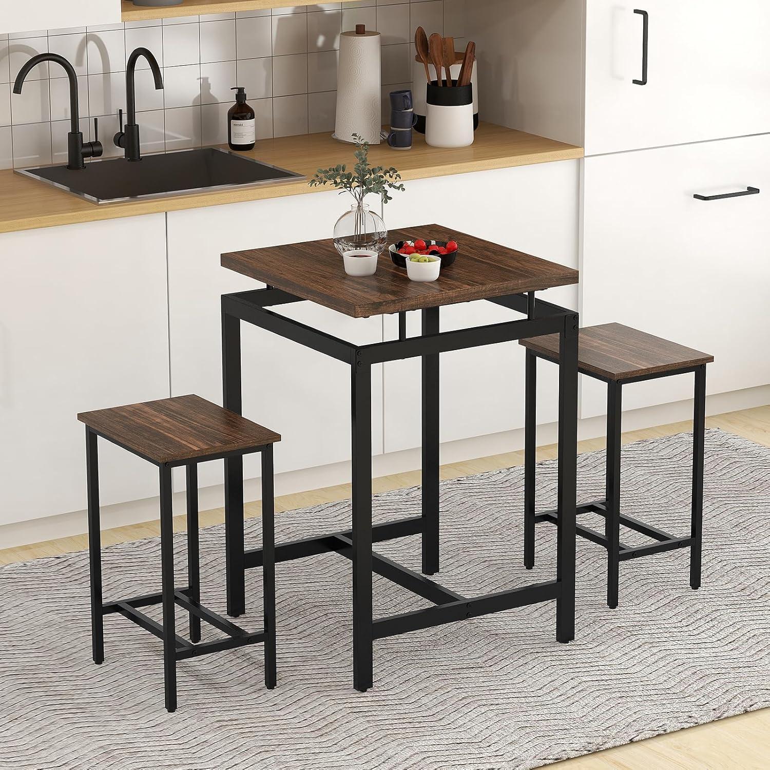 image:imageGiantex Small Dining Table Set for 2 Counter Height Table Set with 2 Stools Floating Tabletop Footrest Metal Frame Breakfast Nook Table Set for Apartment Kitchen Table Chairs Set of 2 Brown