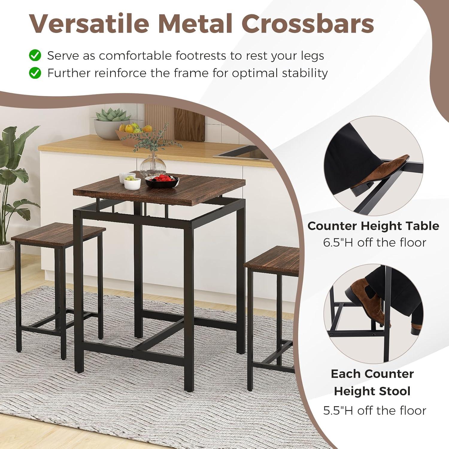image:imageGiantex Small Dining Table Set for 2 Counter Height Table Set with 2 Stools Floating Tabletop Footrest Metal Frame Breakfast Nook Table Set for Apartment Kitchen Table Chairs Set of 2 Brown
