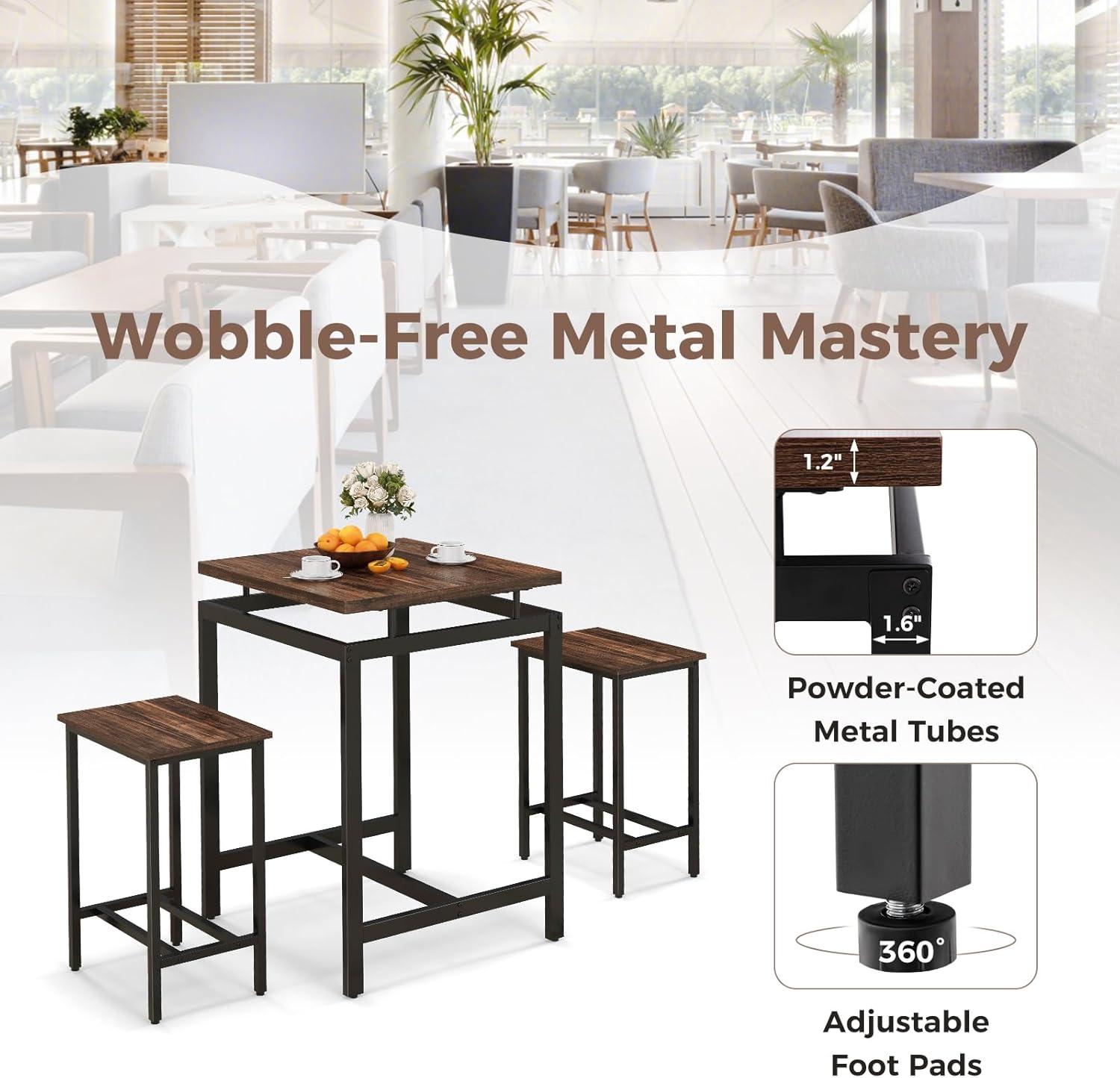 image:imageGiantex Small Dining Table Set for 2 Counter Height Table Set with 2 Stools Floating Tabletop Footrest Metal Frame Breakfast Nook Table Set for Apartment Kitchen Table Chairs Set of 2 Brown