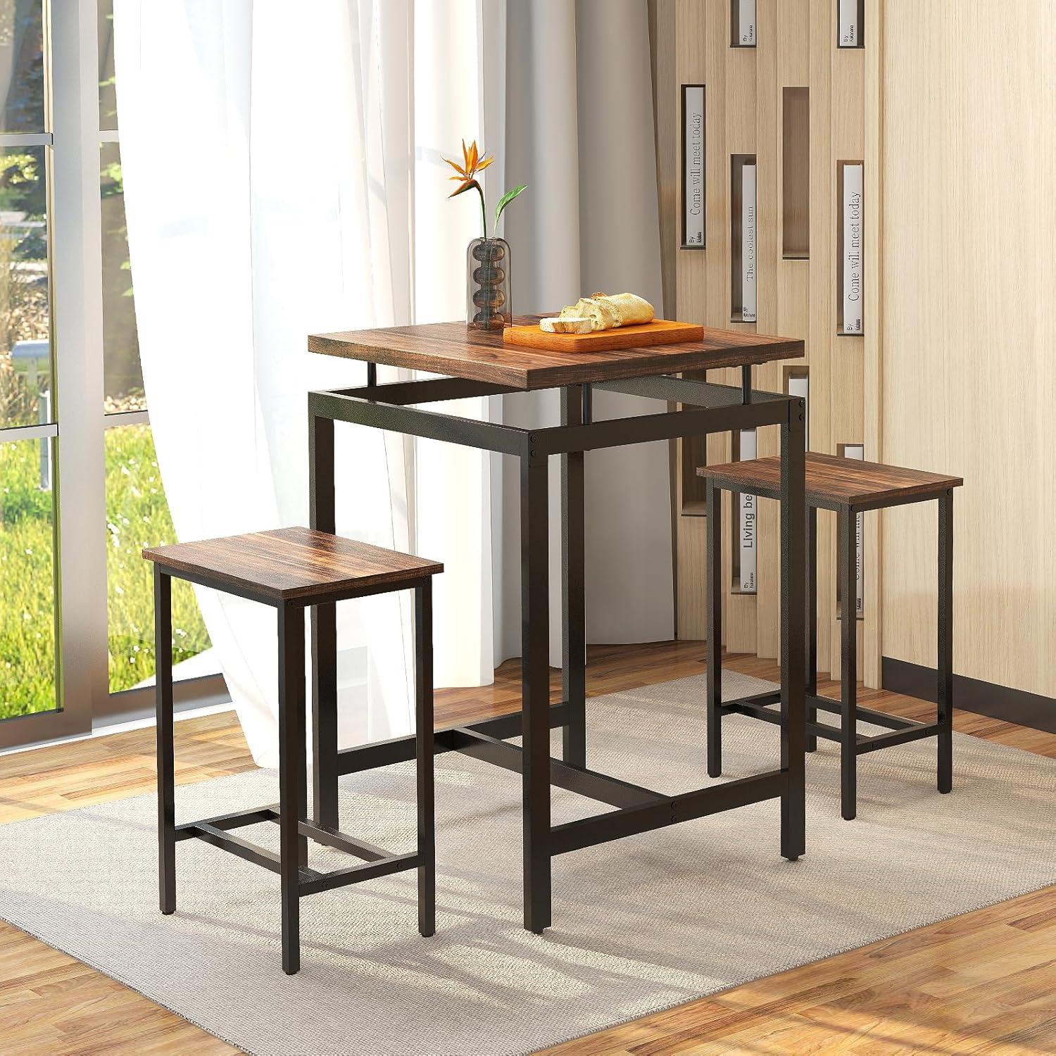 image:imageGiantex Small Dining Table Set for 2 Counter Height Table Set with 2 Stools Floating Tabletop Footrest Metal Frame Breakfast Nook Table Set for Apartment Kitchen Table Chairs Set of 2 Brown