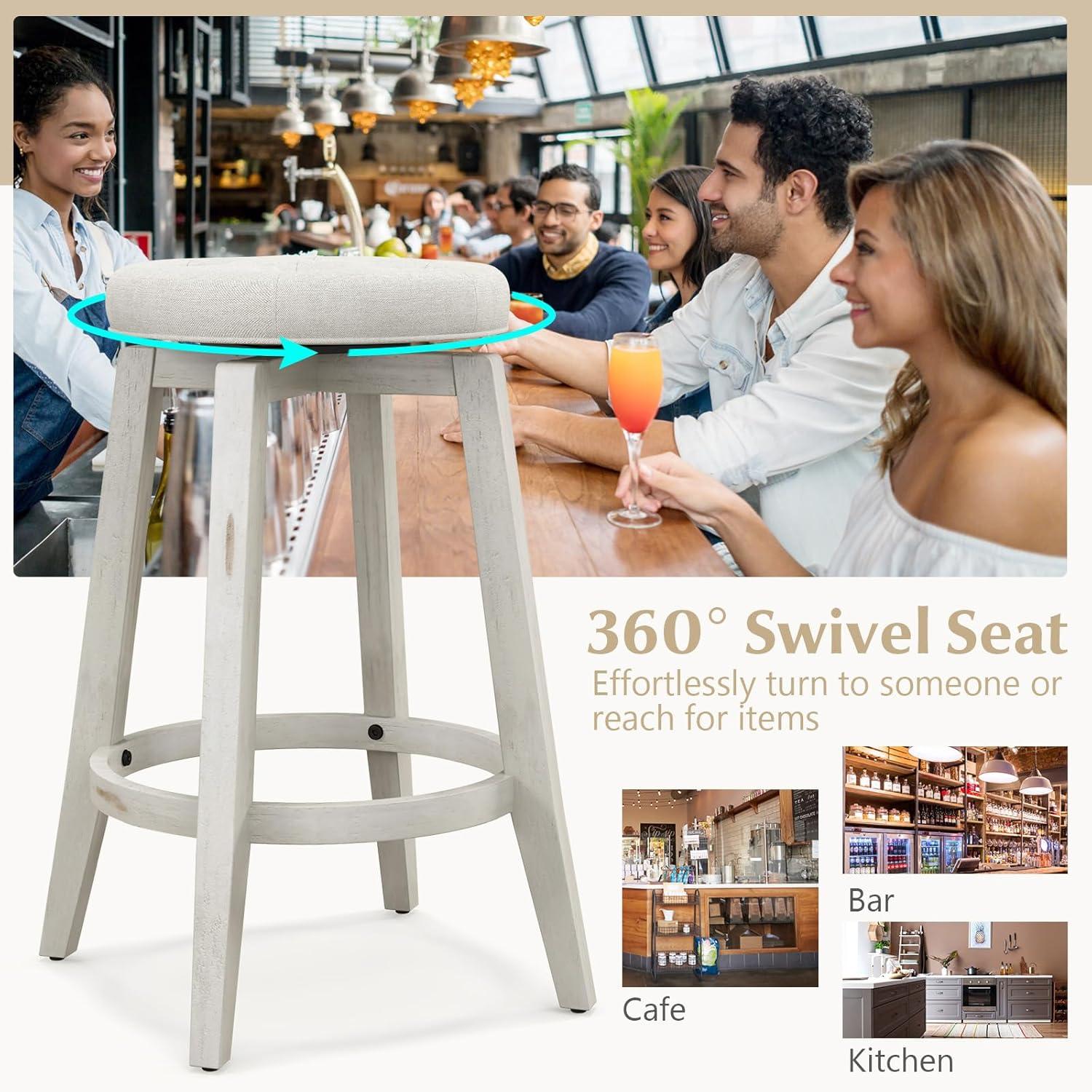 image:imageGiantex Swivel Bar Stools Set of 2 30Inch Bar Height Stools with Tufted Seat amp Rubber Wood Frame Round Backless Kitchen Stools with Footrest Barstools for Kitchen IslandBreakfastPub BlackAntique White