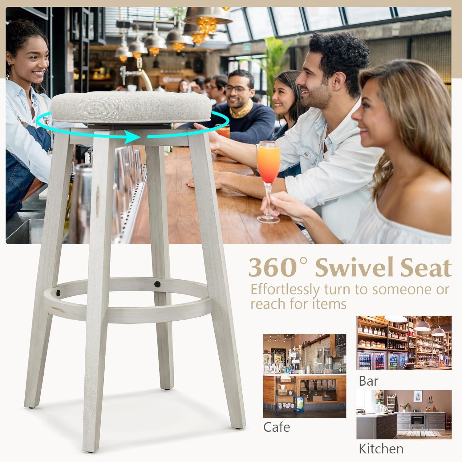 image:imageGiantex Swivel Bar Stools Set of 2 30Inch Bar Height Stools with Tufted Seat amp Rubber Wood Frame Round Backless Kitchen Stools with Footrest Barstools for Kitchen IslandBreakfastPub BlackAntique White