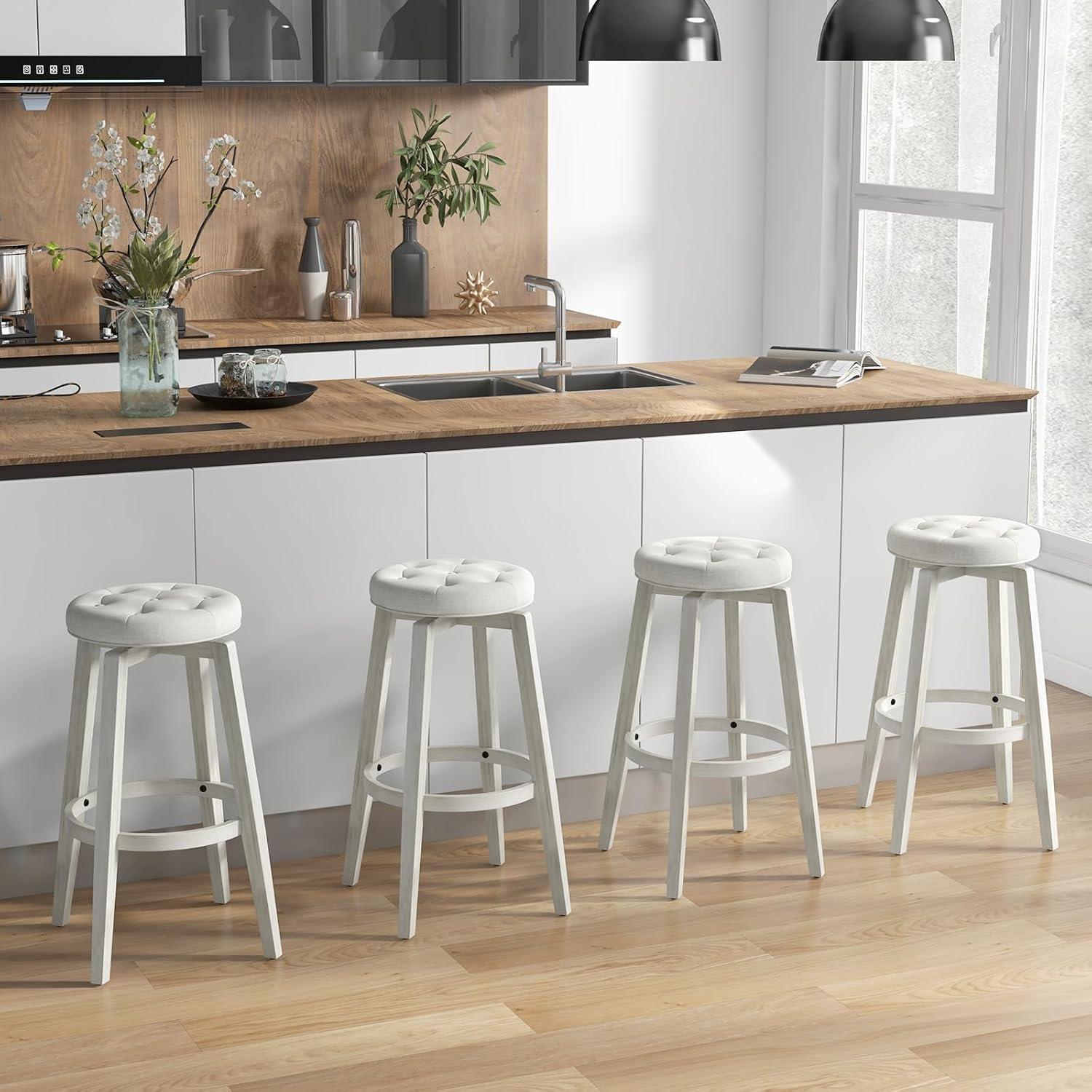 image:imageGiantex Swivel Bar Stools Set of 2 30Inch Bar Height Stools with Tufted Seat amp Rubber Wood Frame Round Backless Kitchen Stools with Footrest Barstools for Kitchen IslandBreakfastPub BlackAntique White