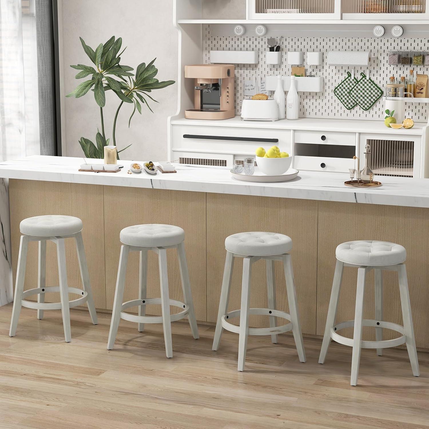 image:imageGiantex Swivel Bar Stools Set of 2 30Inch Bar Height Stools with Tufted Seat amp Rubber Wood Frame Round Backless Kitchen Stools with Footrest Barstools for Kitchen IslandBreakfastPub BlackAntique White