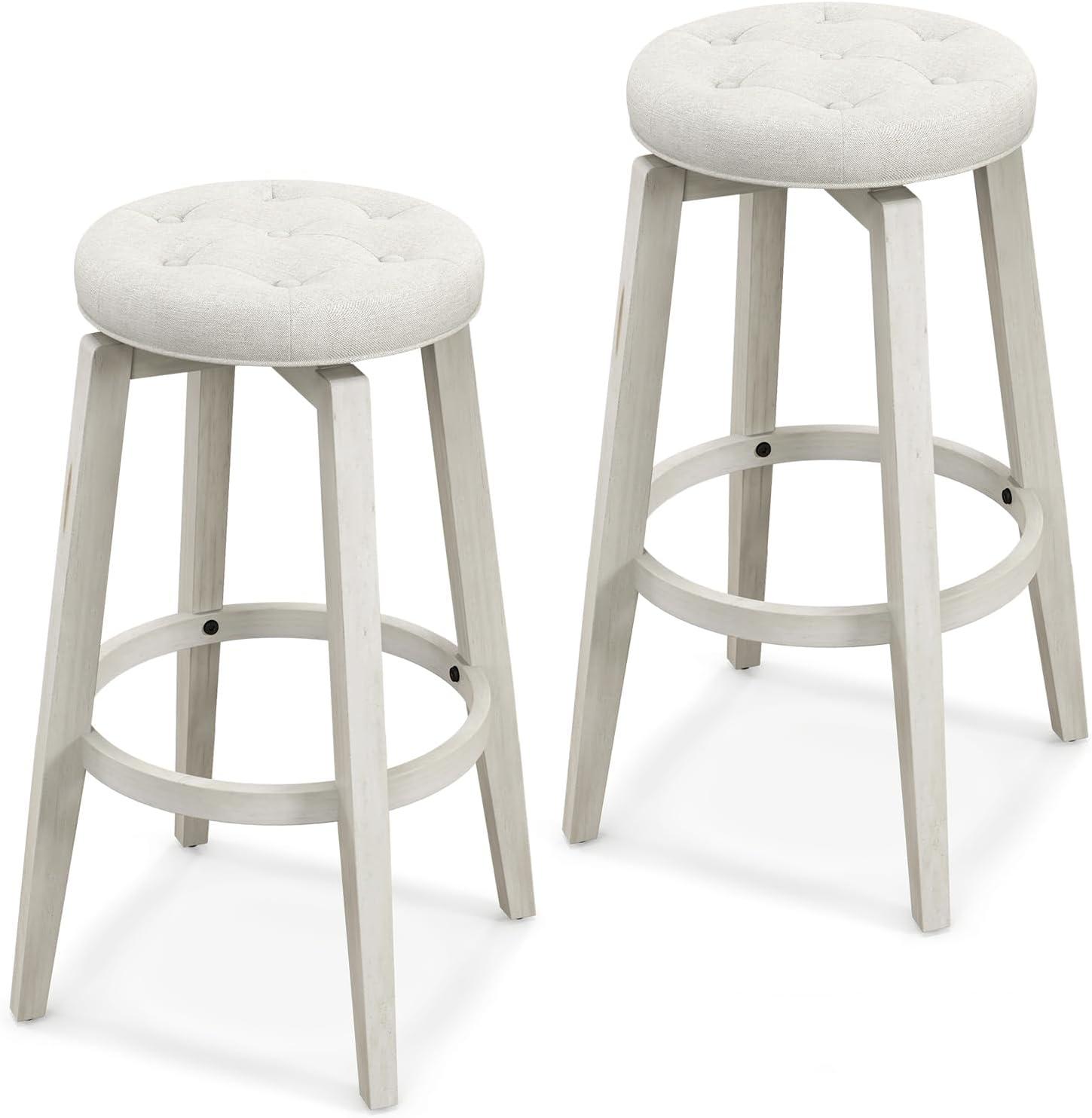 image:imageGiantex Swivel Bar Stools Set of 2 30Inch Bar Height Stools with Tufted Seat amp Rubber Wood Frame Round Backless Kitchen Stools with Footrest Barstools for Kitchen IslandBreakfastPub BlackAntique White
