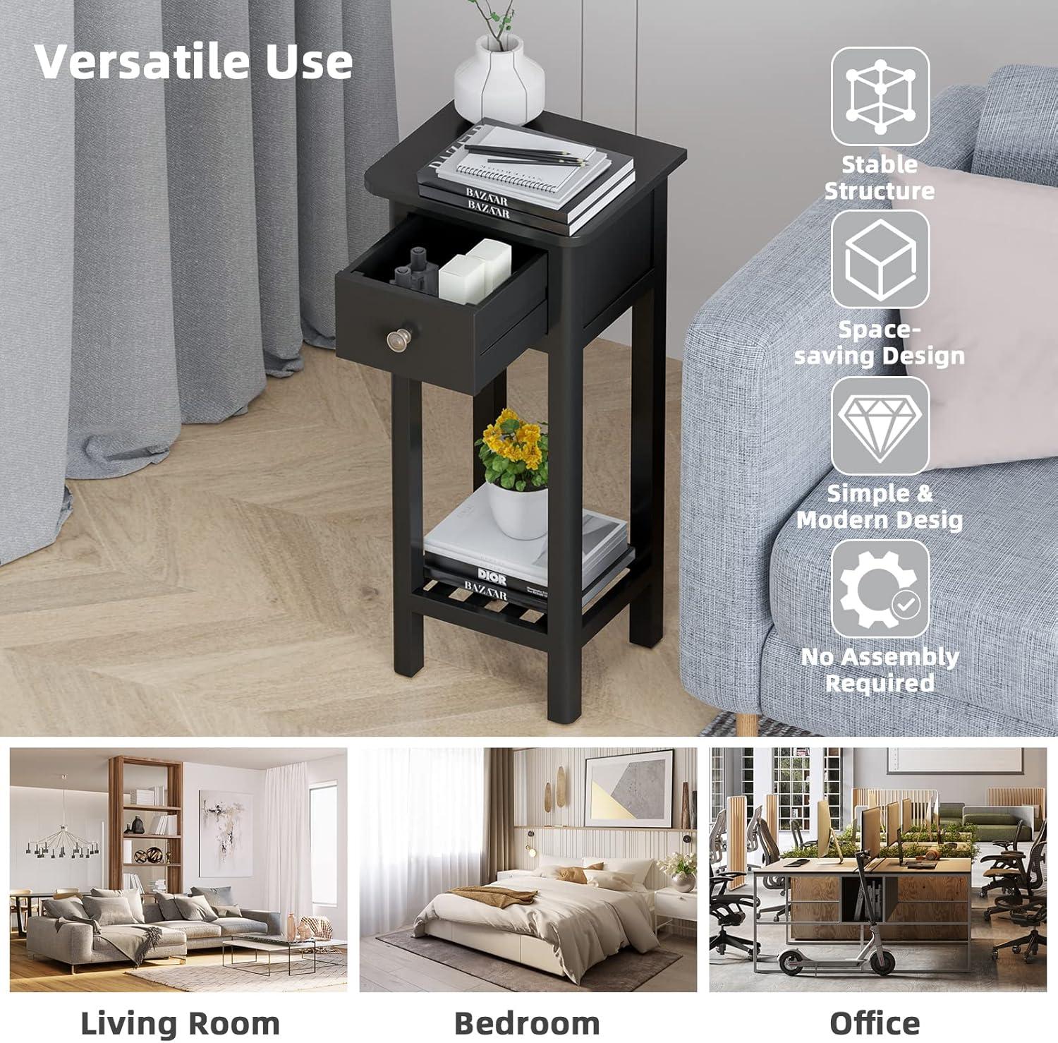 image:imageGiantex Tall End Table Narrow Side Table with Drawer and Shelf Acacia Wood Nightstand for Living Room 2Tier Bedside Table for Small Space No Assembly WhiteBlack