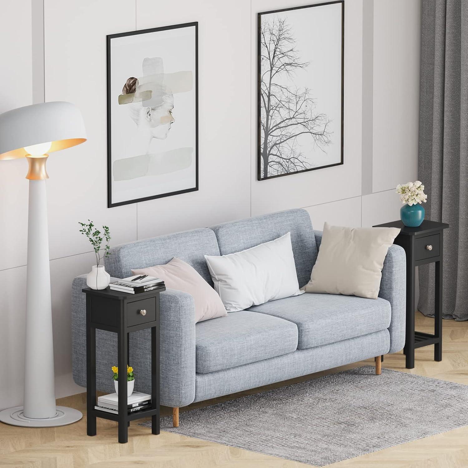 image:imageGiantex Tall End Table Narrow Side Table with Drawer and Shelf Acacia Wood Nightstand for Living Room 2Tier Bedside Table for Small Space No Assembly WhiteBlack