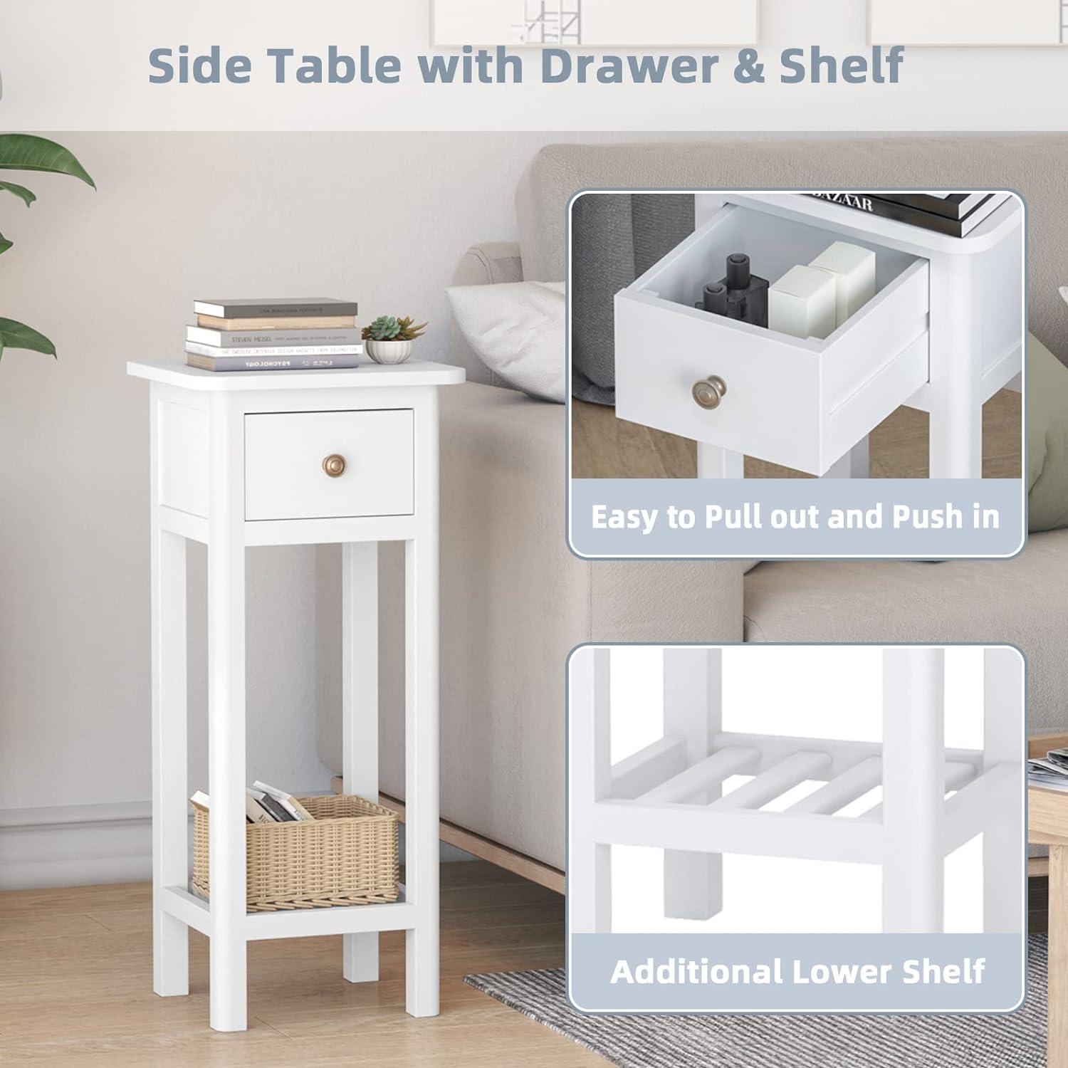 image:imageGiantex Tall End Table Narrow Side Table with Drawer and Shelf Acacia Wood Nightstand for Living Room 2Tier Bedside Table for Small Space No Assembly WhiteWhite