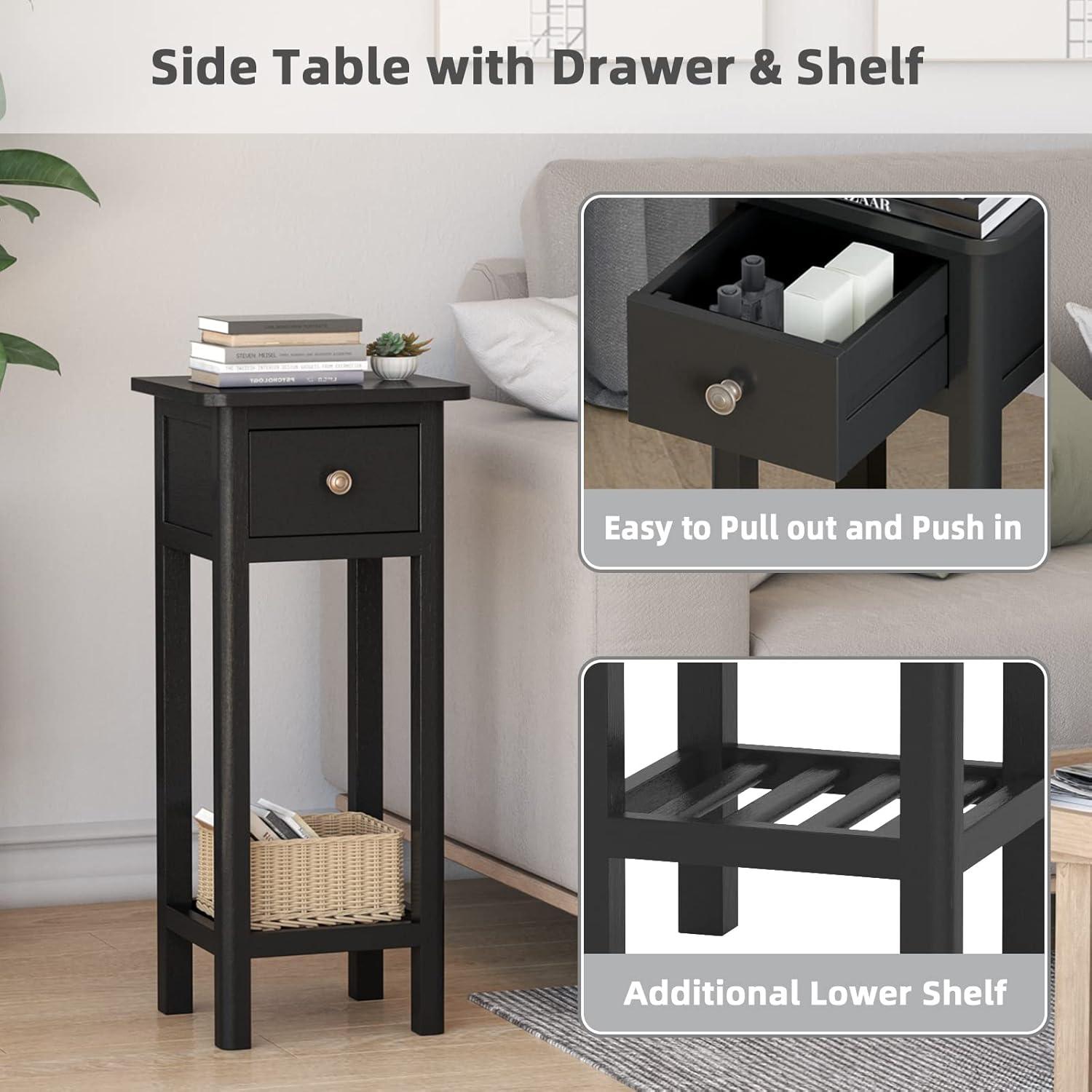 image:imageGiantex Tall End Table Narrow Side Table with Drawer and Shelf Acacia Wood Nightstand for Living Room 2Tier Bedside Table for Small Space No Assembly WhiteBlack