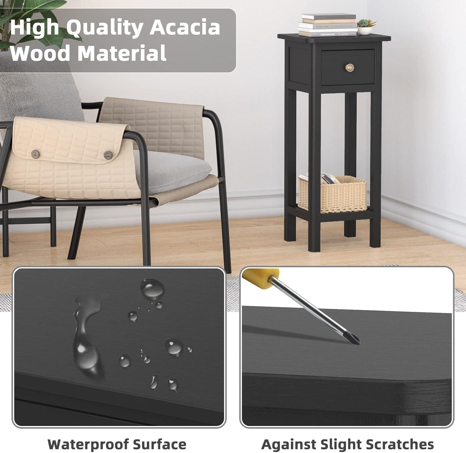 image:imageGiantex Tall End Table Narrow Side Table with Drawer and Shelf Acacia Wood Nightstand for Living Room 2Tier Bedside Table for Small Space No Assembly WhiteBlack