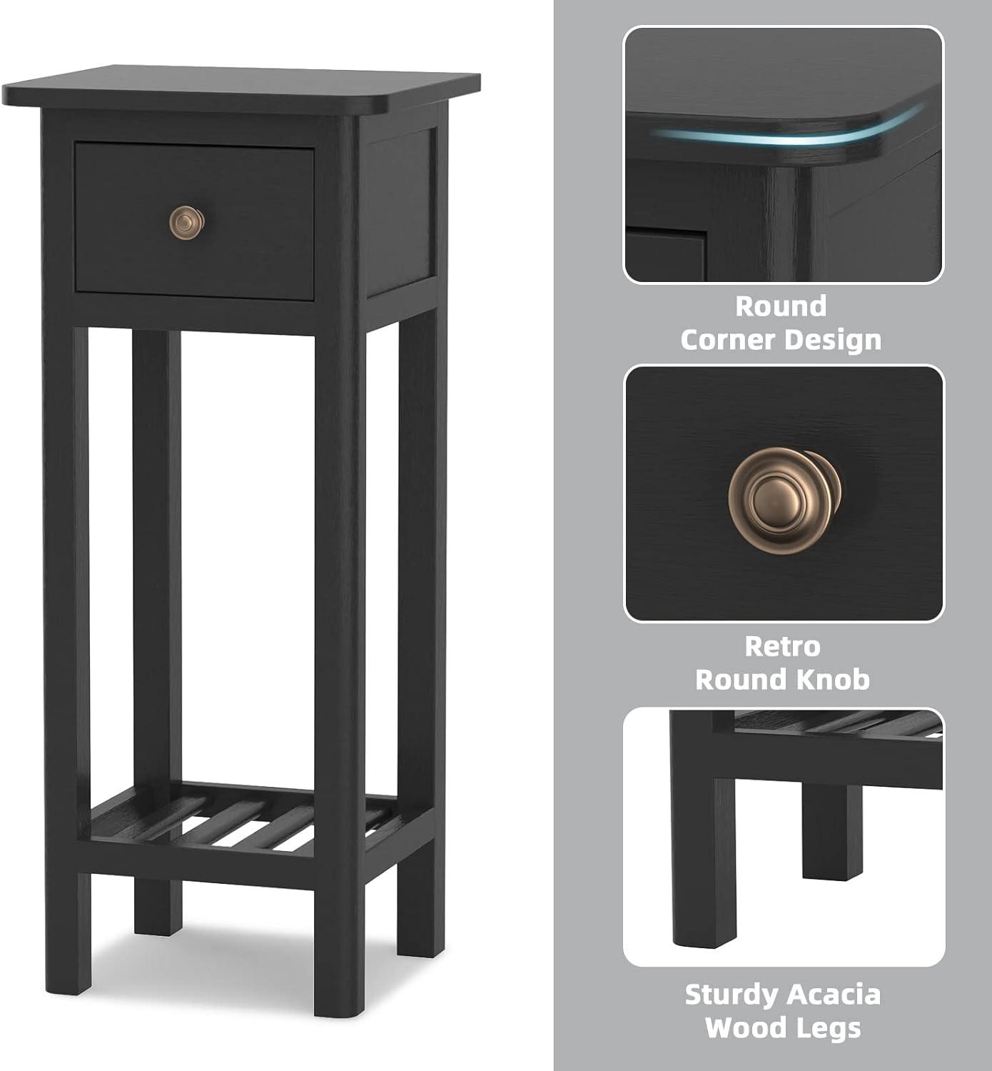 image:imageGiantex Tall End Table Narrow Side Table with Drawer and Shelf Acacia Wood Nightstand for Living Room 2Tier Bedside Table for Small Space No Assembly WhiteBlack